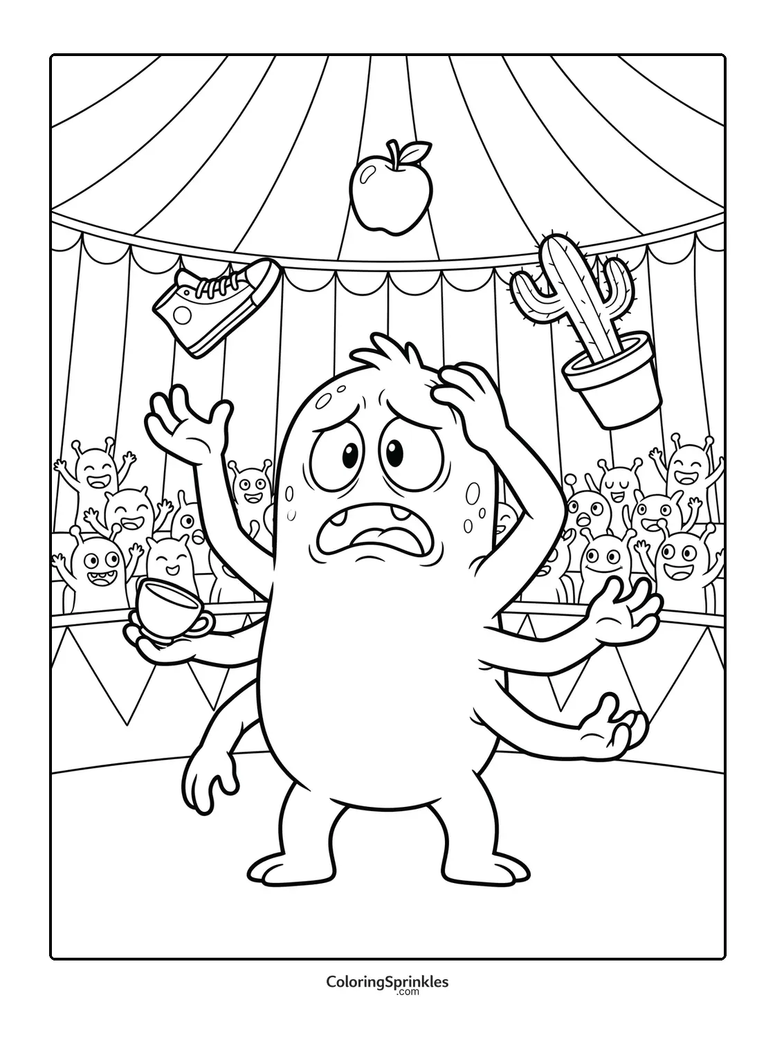 Coloring page of a worried monster juggling a cactus, apple, shoe and cup
