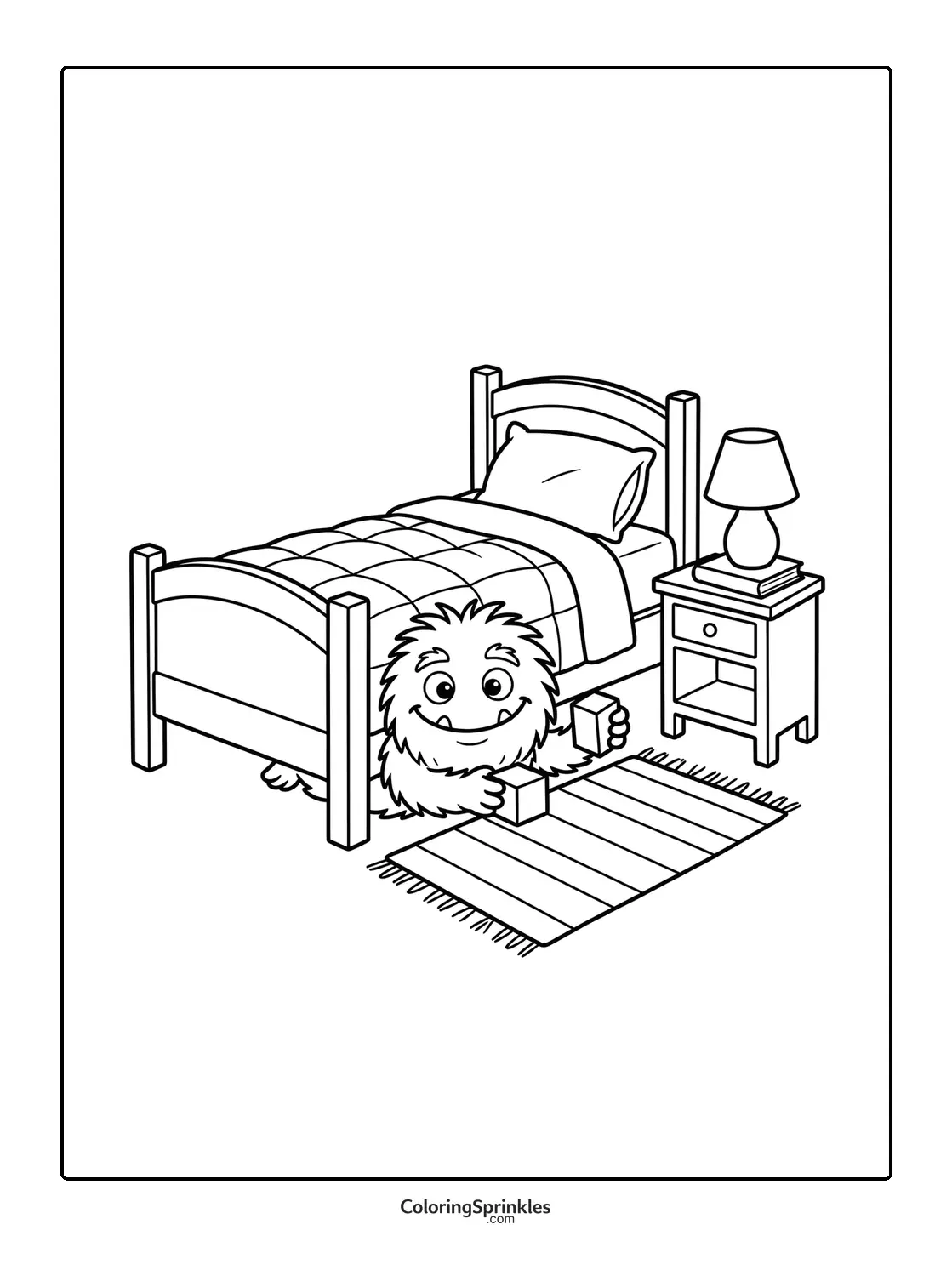 Coloring page of a monster playing with blocks under a bed in a bedroom