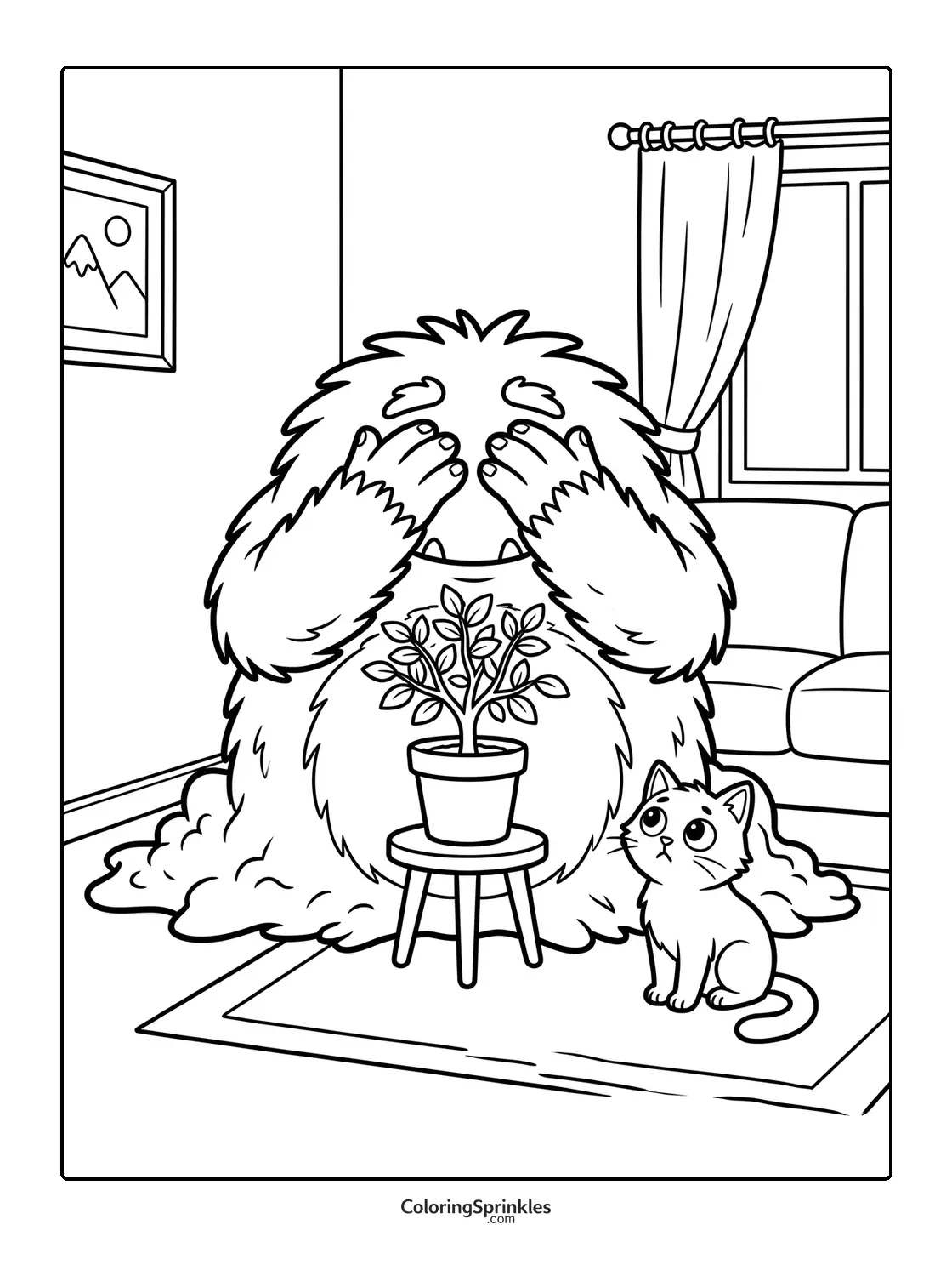 Coloring page of a fluffy monster playing hide and seek with a cat near a potted plant