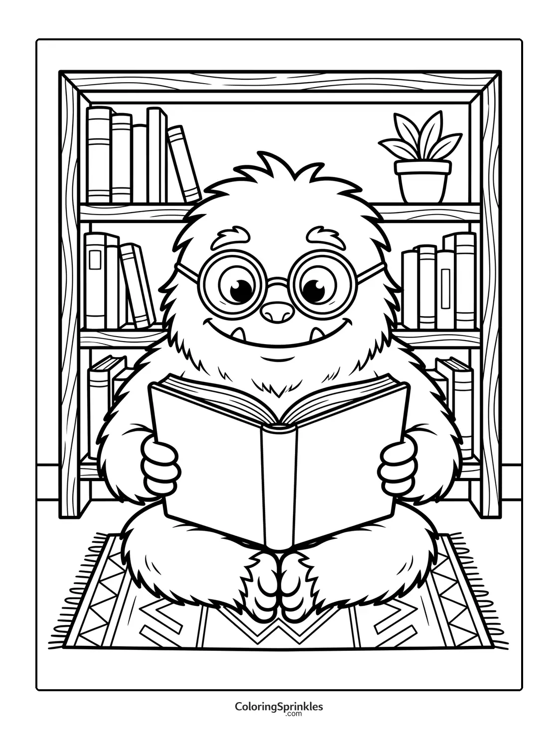 Coloring page of a monster reading a book in a library