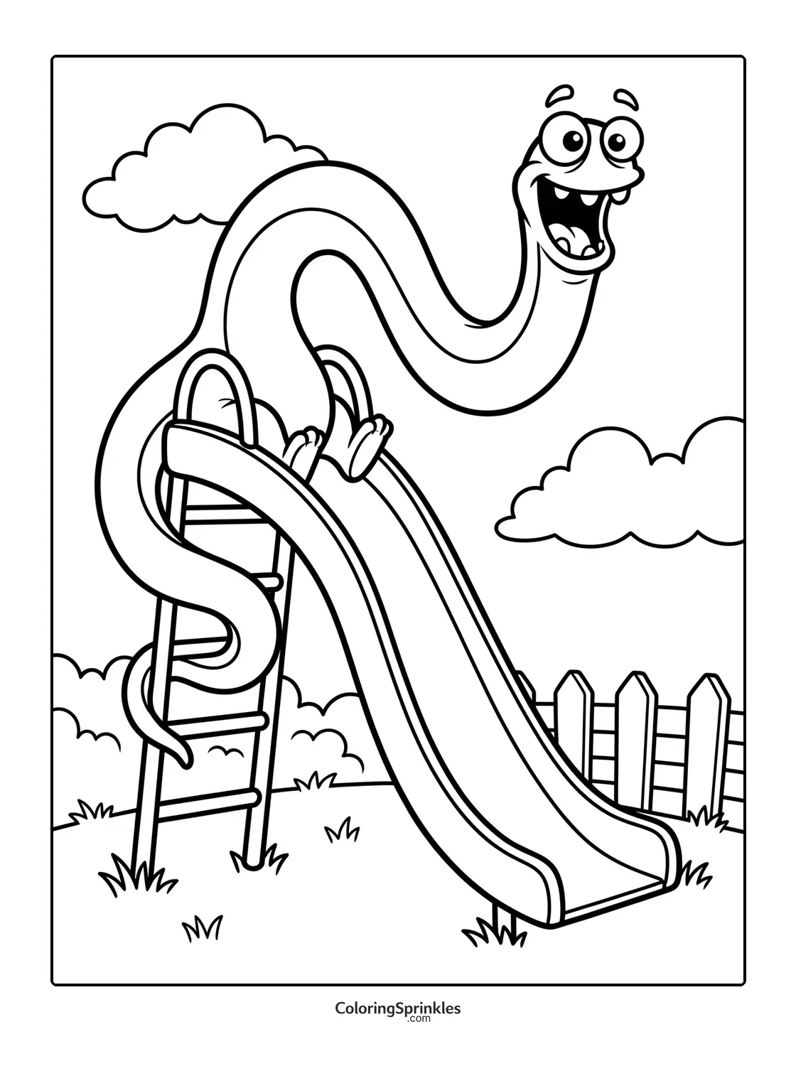 Coloring page of a happy monster sliding down a playground slide with a fence and clouds