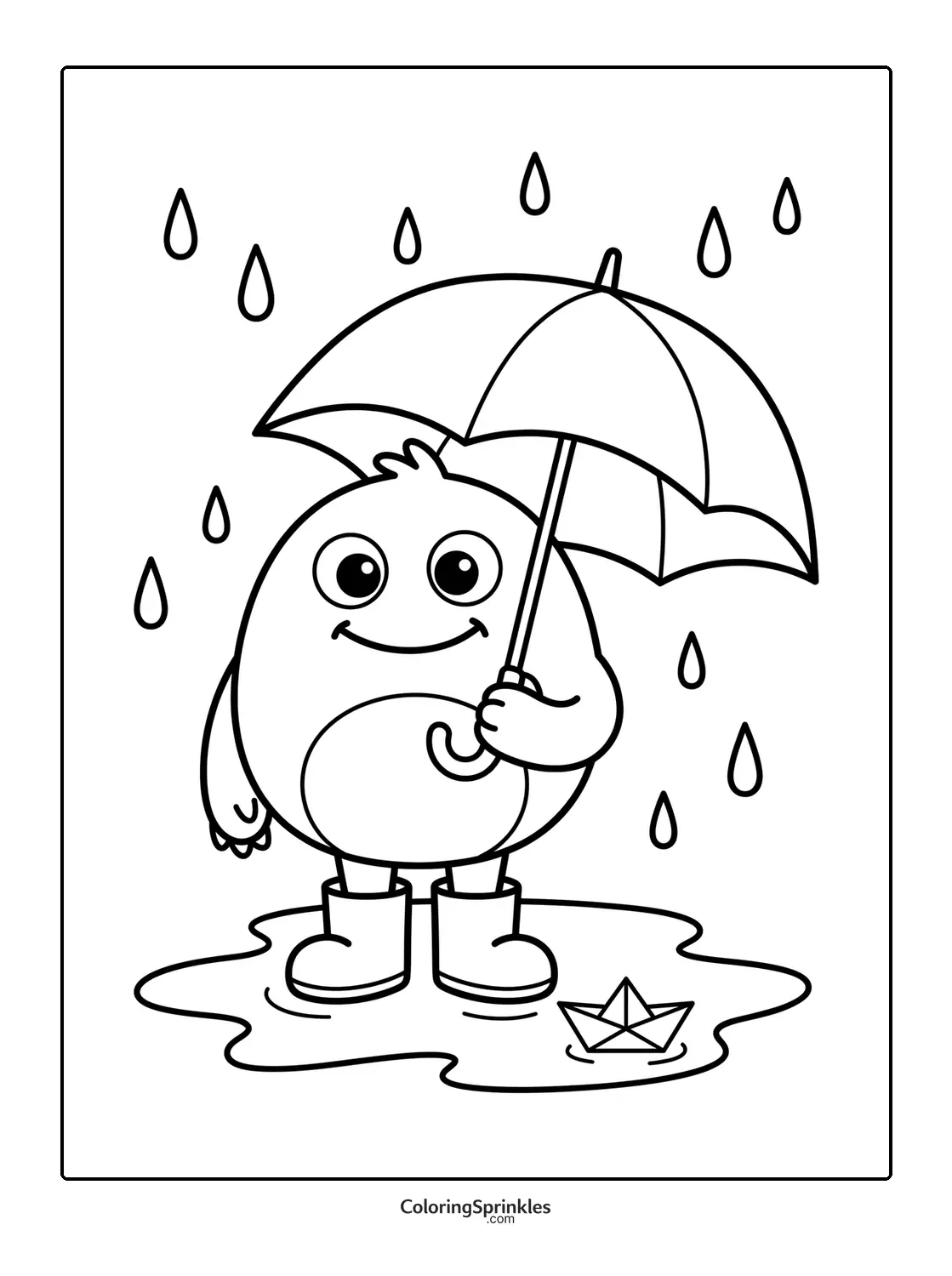 Coloring page of a monster holding an umbrella in the rain with a paper boat in a puddle