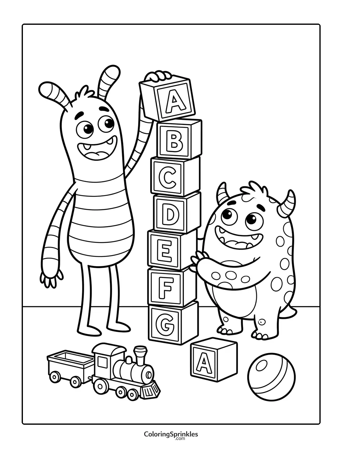Coloring page of two friendly monsters building a tower with alphabet blocks