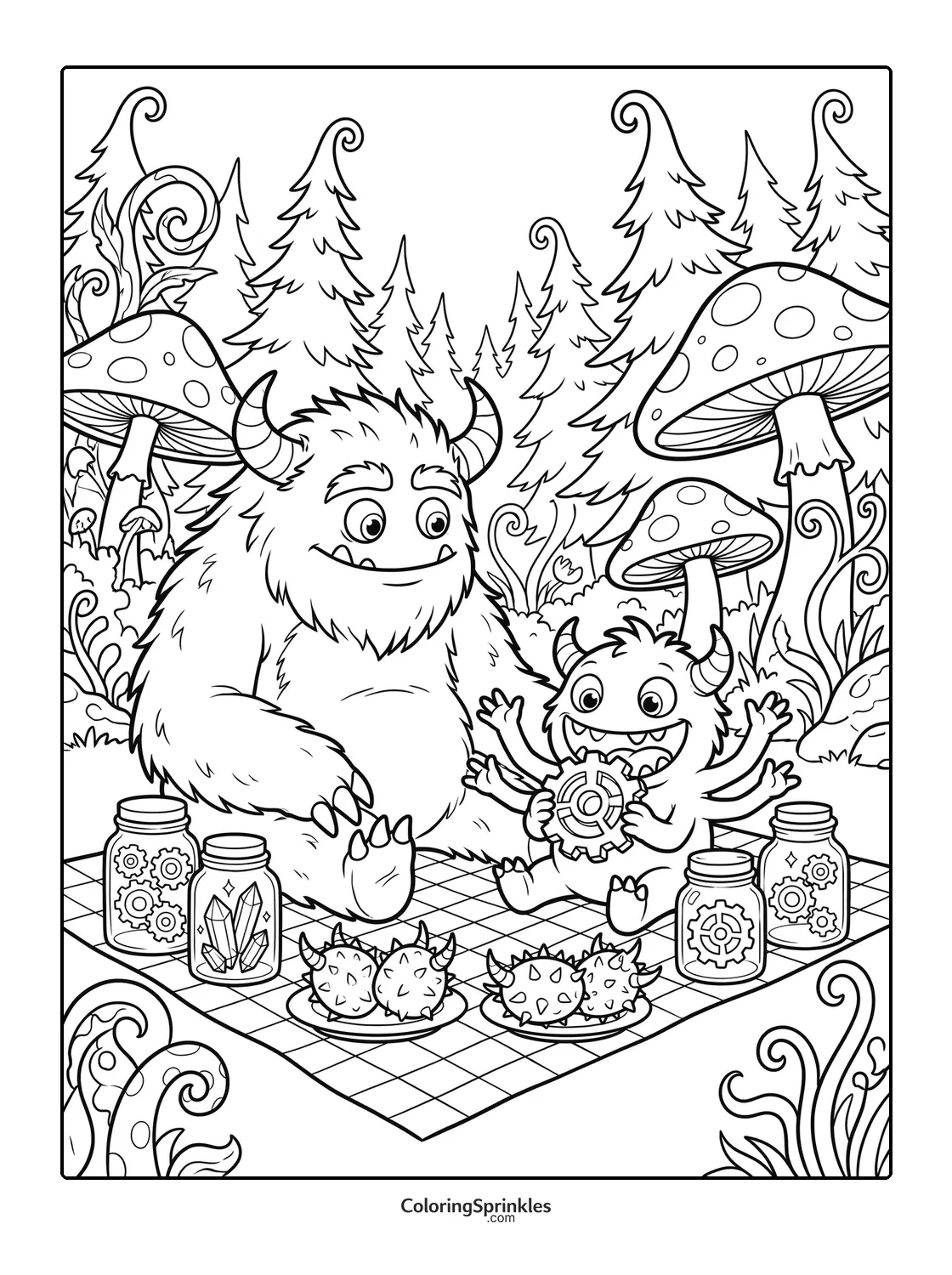 Coloring page of two friendly monsters having a picnic in a forest with mushrooms and jars of gears