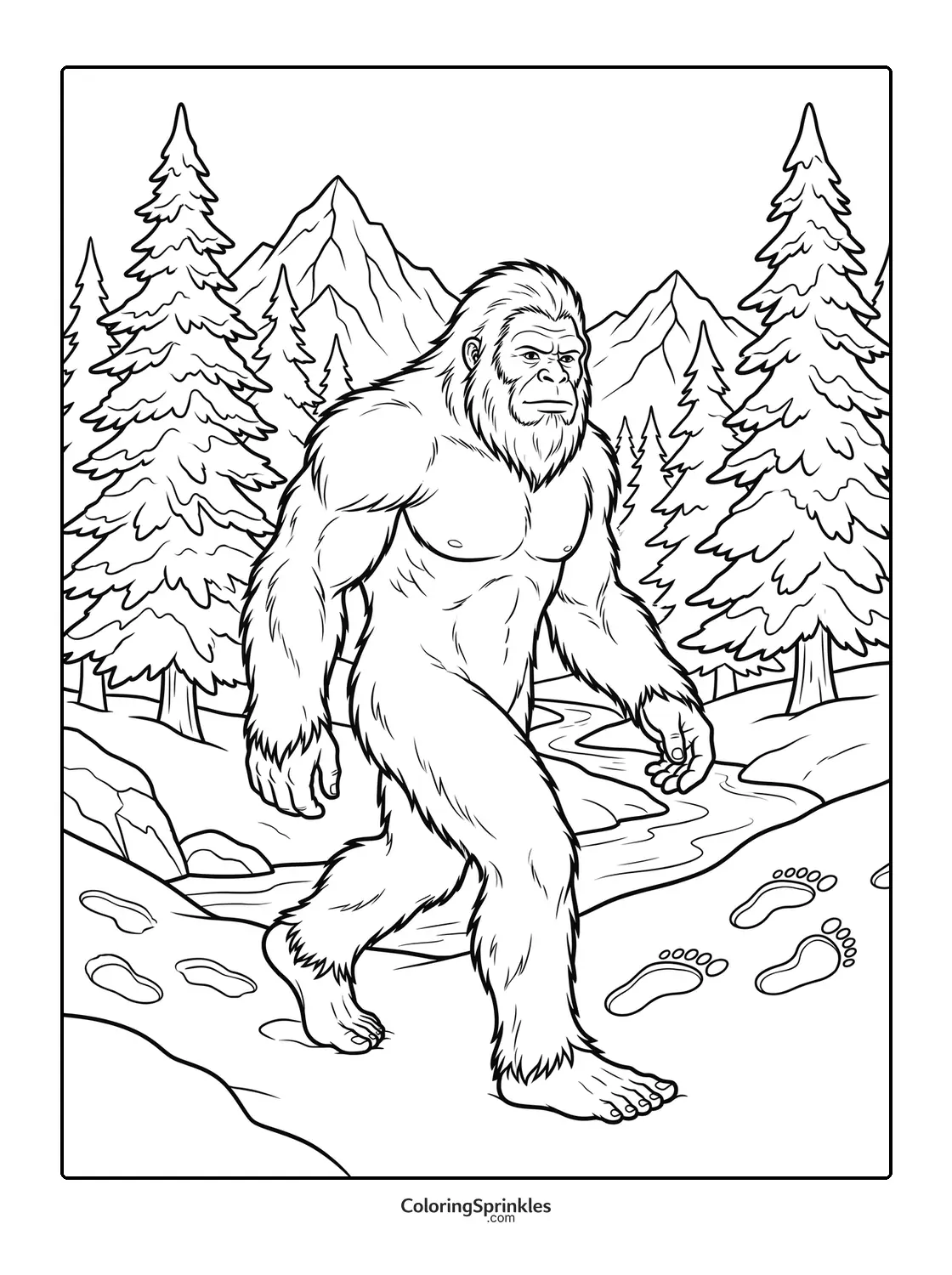 Coloring page of a sasquatch walking in a forest with mountains and footprints