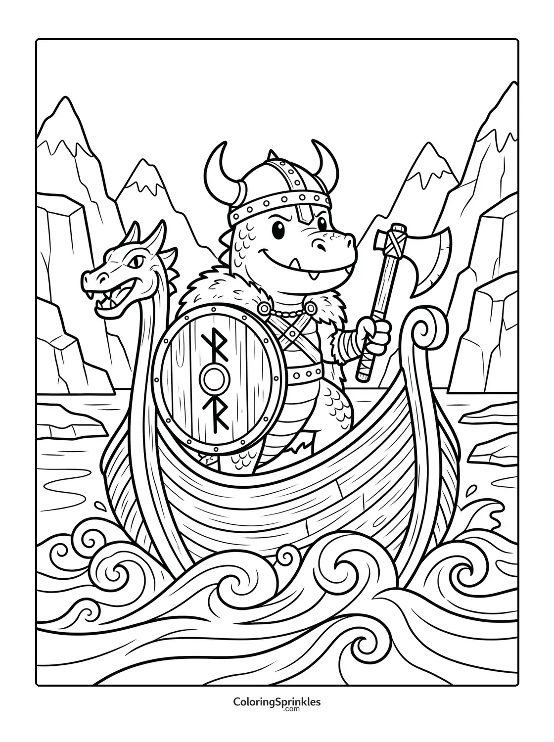 Coloring page of a Viking dragon in a boat on wavy water with mountains