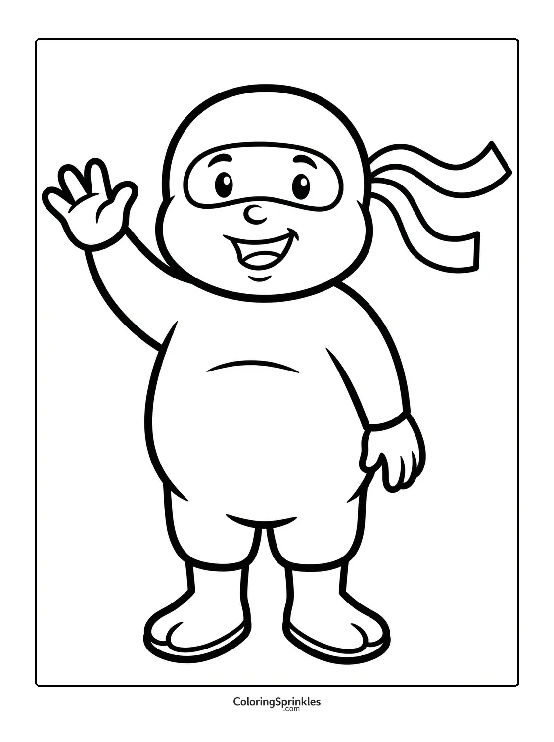 Coloring page of a cute ninja waving and smiling