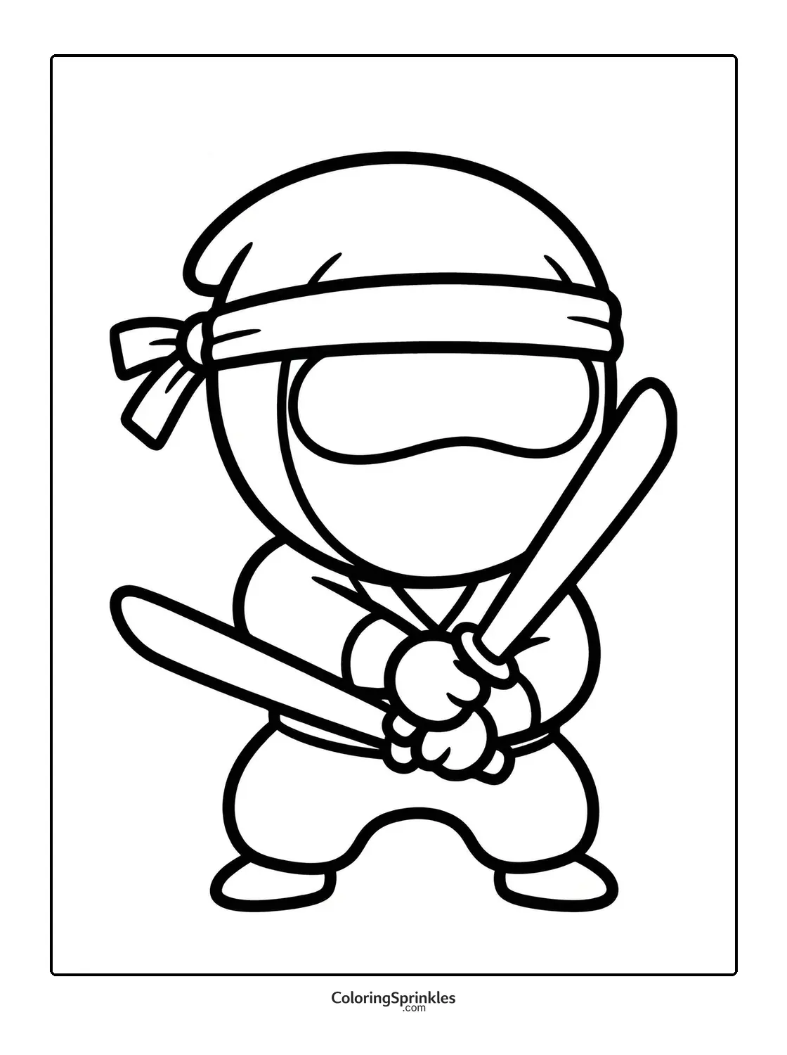 Coloring page of a cartoon ninja holding two swords