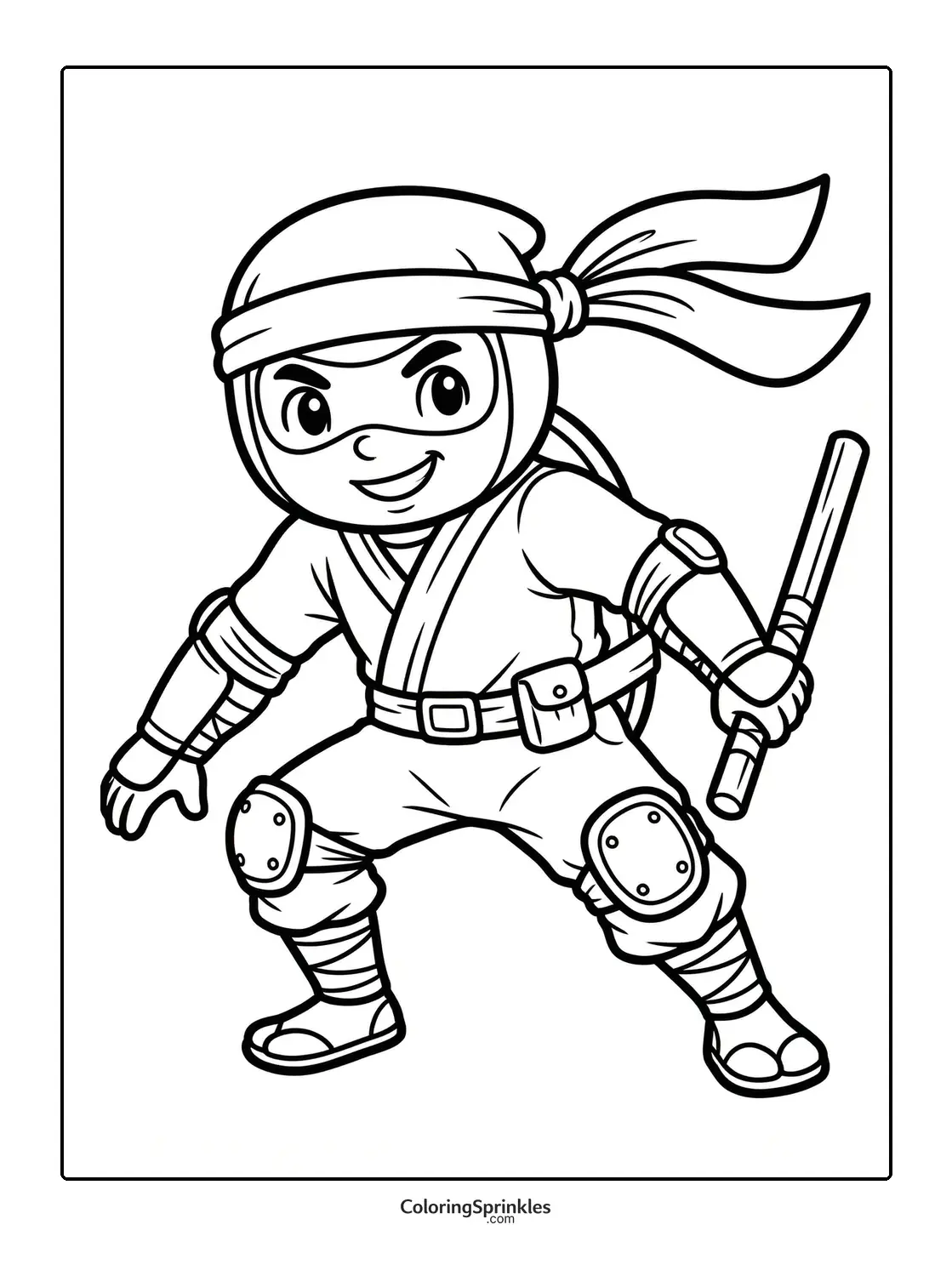 Coloring page of a child ninja posing with a stick