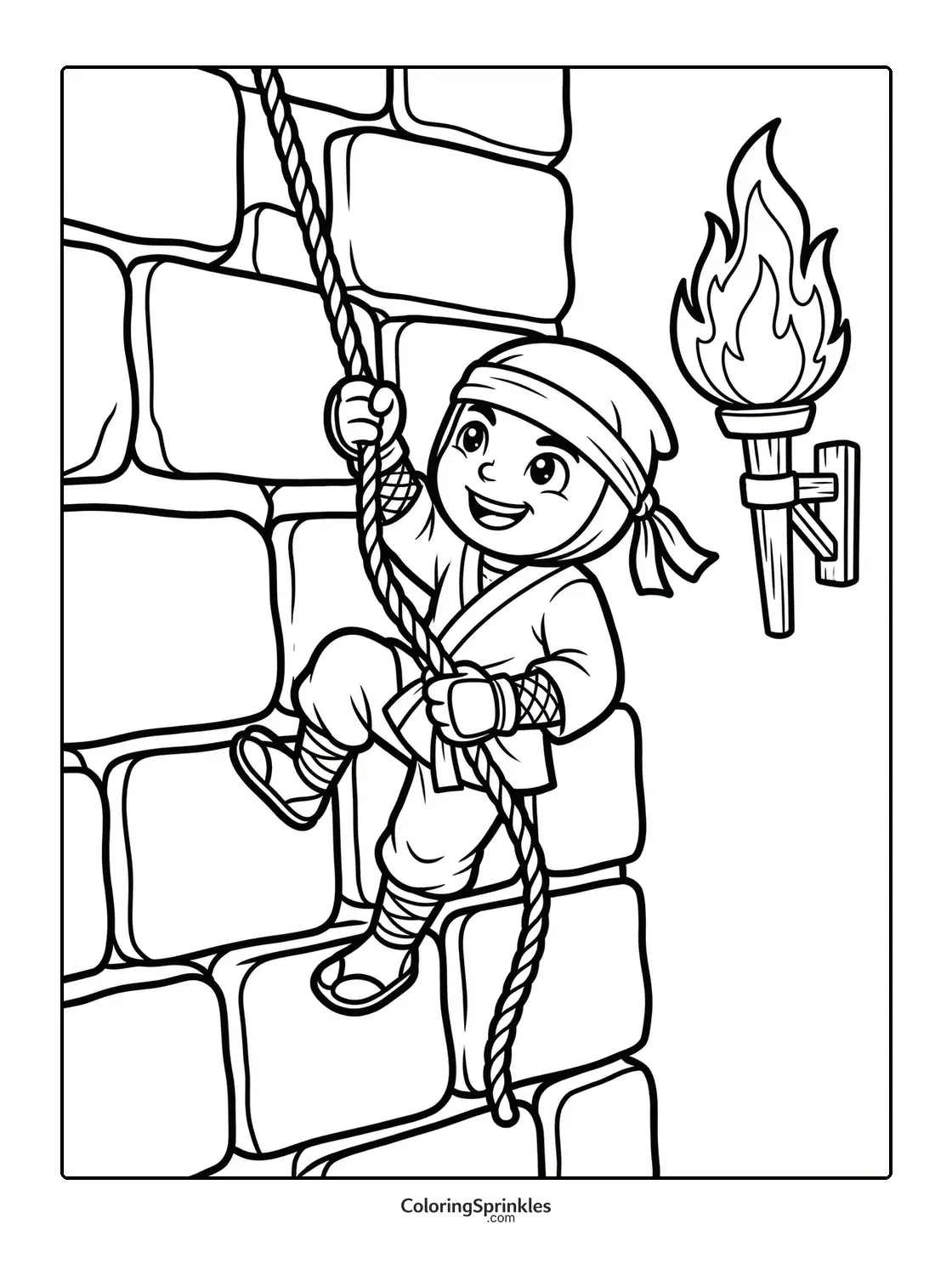 Coloring page of a ninja climbing a rope on a stone wall with a torch