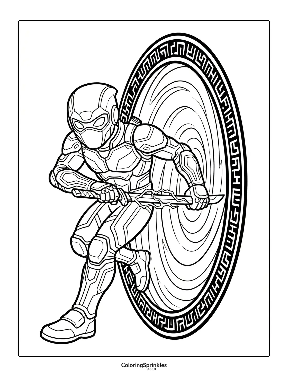 Coloring page of a futuristic ninja in armor stepping through a portal with a sword