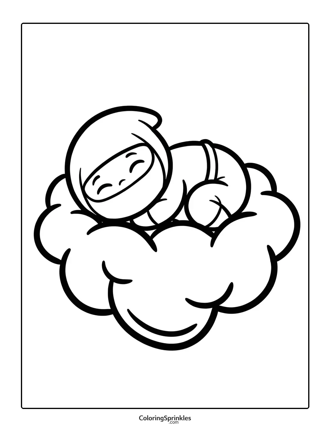 Coloring page of a ninja sleeping on a cloud