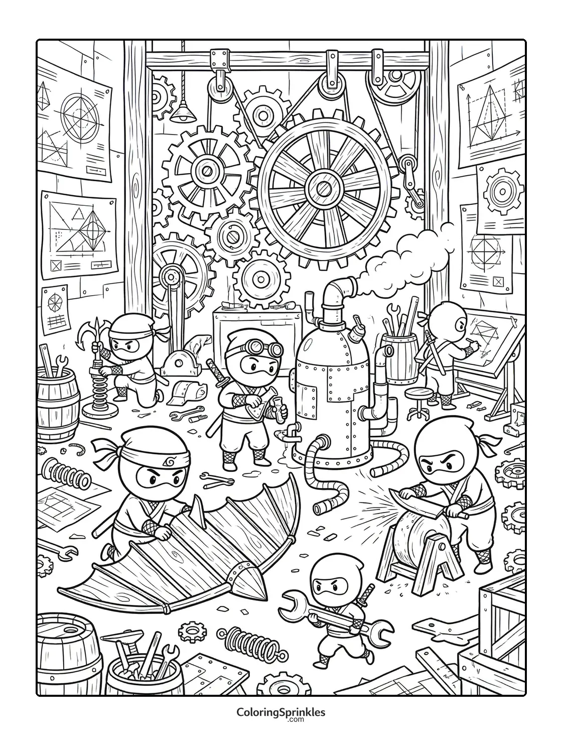 Coloring page of ninjas working in a workshop with gears and inventions