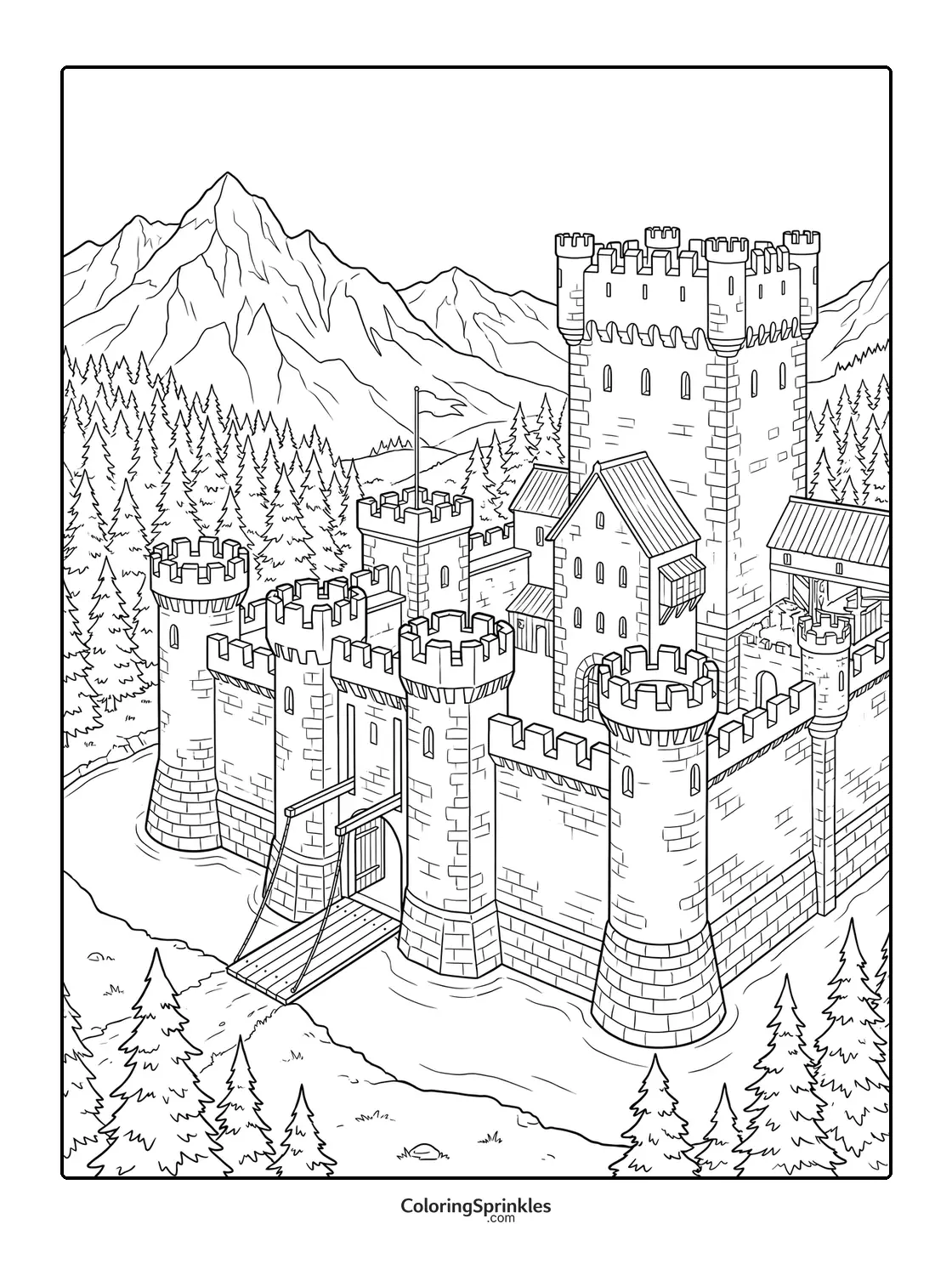 Coloring page of a medieval castle with a moat and drawbridge in a mountainous forest