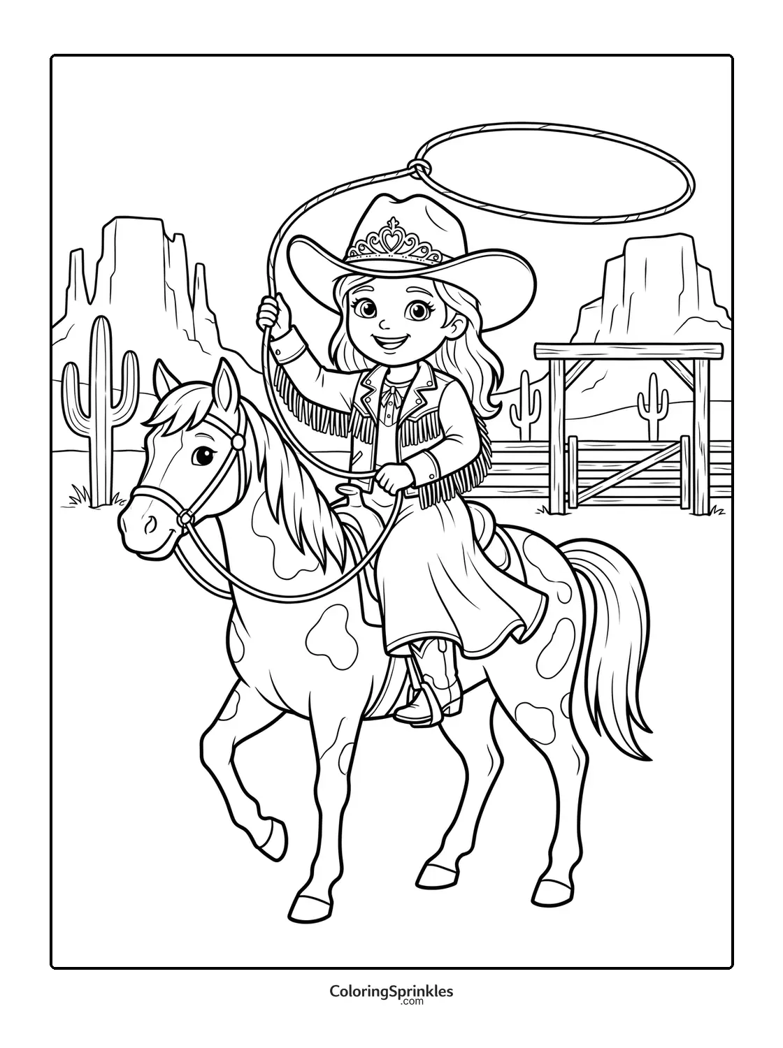 Coloring page of a cowgirl princess riding a horse with a lasso in the desert