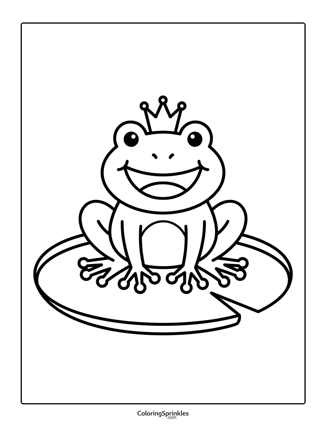 Coloring page of a frog prince sitting on a lily pad with a crown