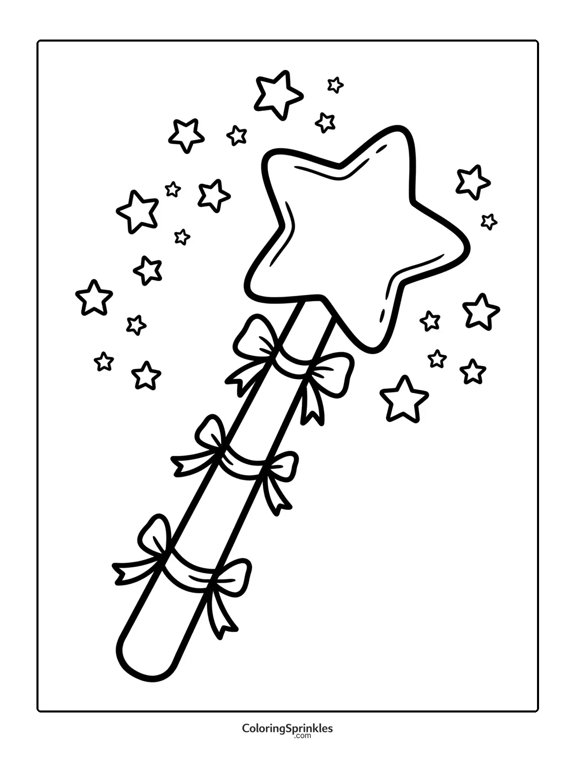 Coloring page of a magic wand with a star and bows