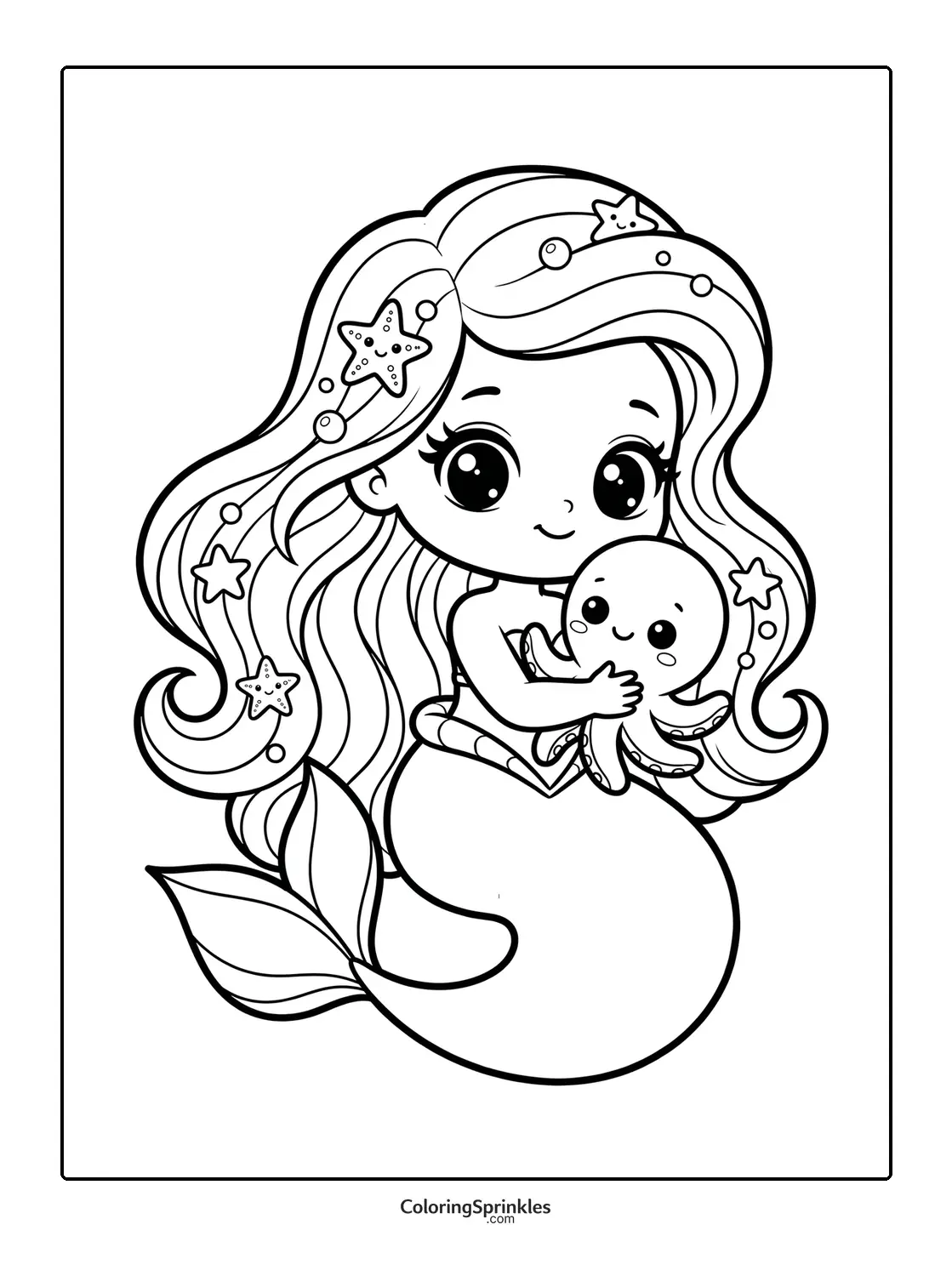 Coloring page of a mermaid princess holding a cute octopus