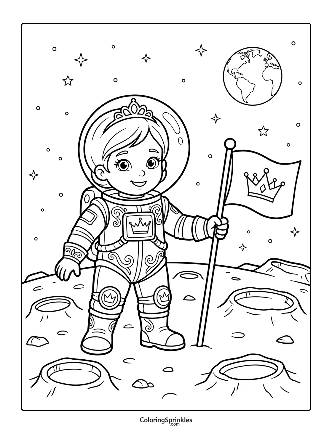 Coloring page of a princess astronaut standing on the moon holding a flag