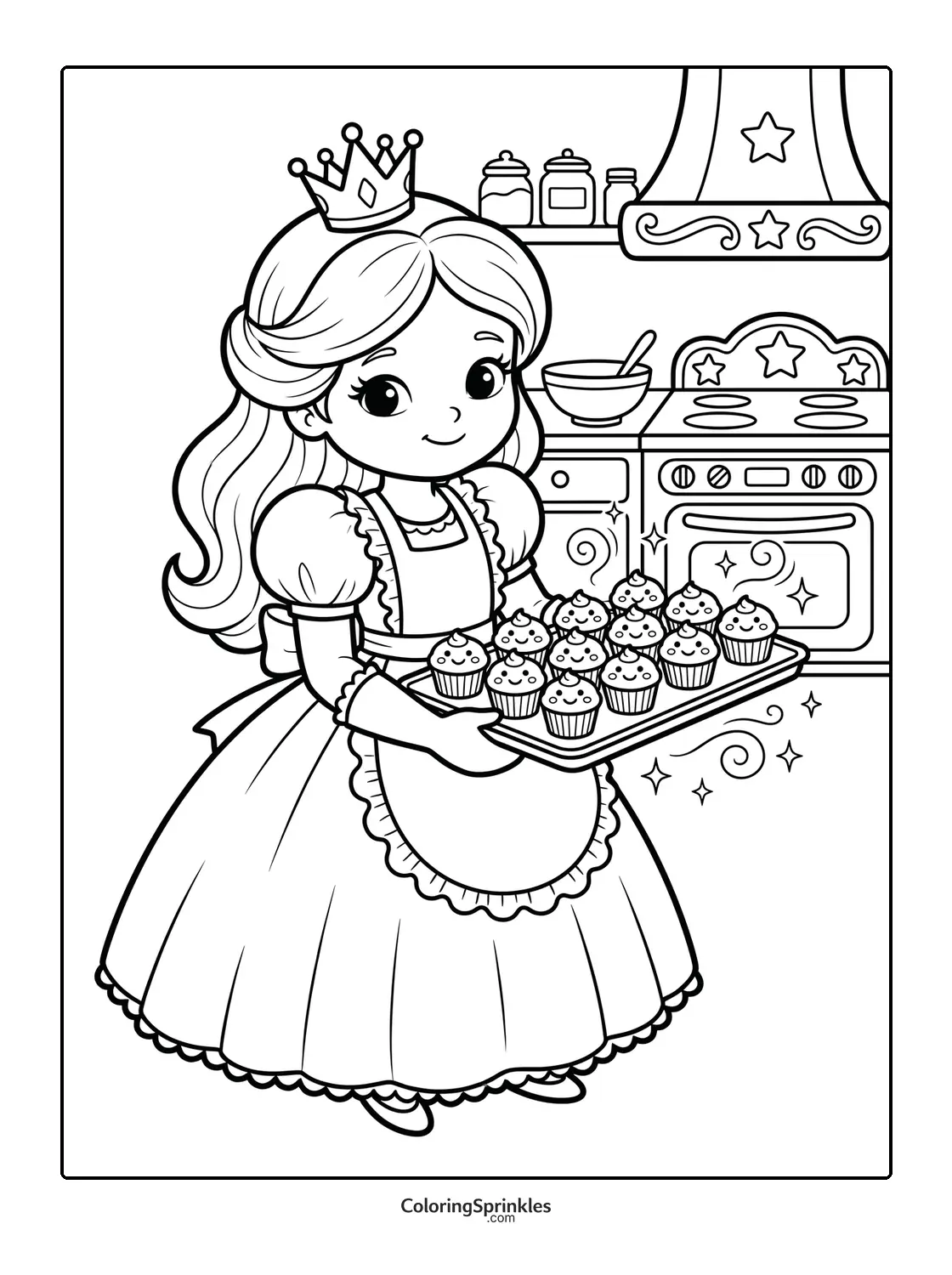 Coloring page of a princess baking cupcakes in a kitchen