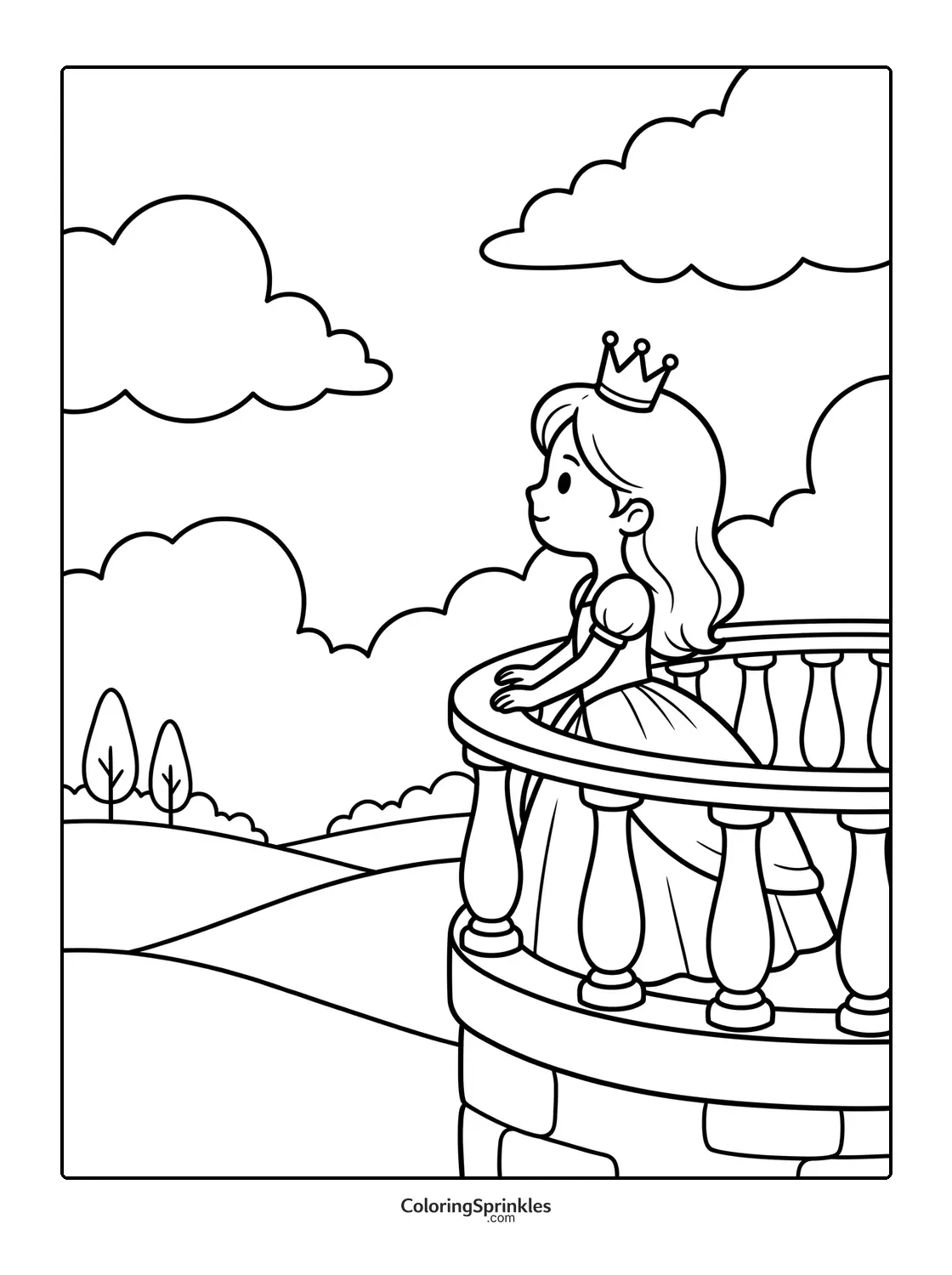 Coloring page of a princess standing on a balcony overlooking hills and clouds