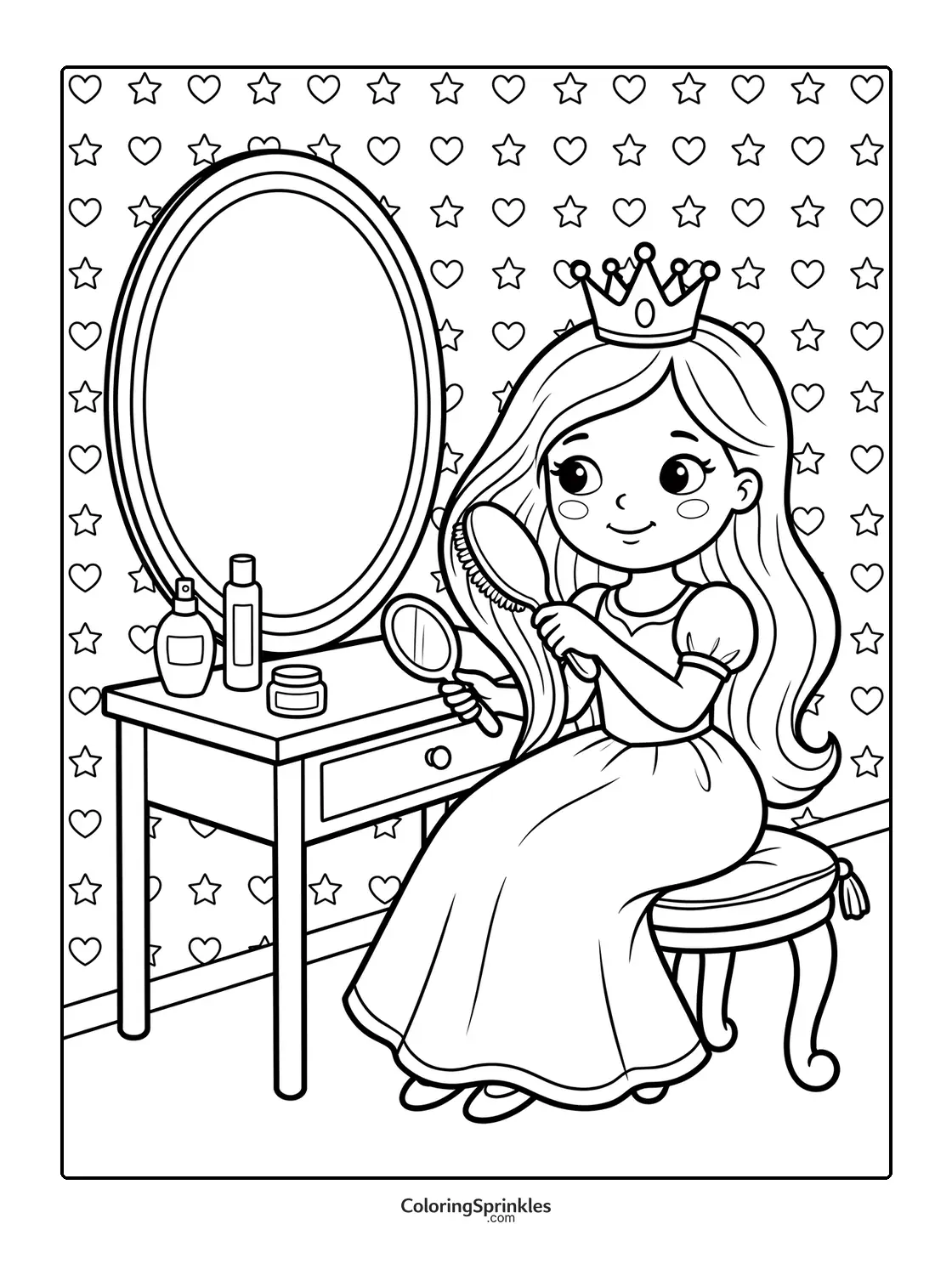 Coloring page of a princess brushing her hair at a vanity mirror