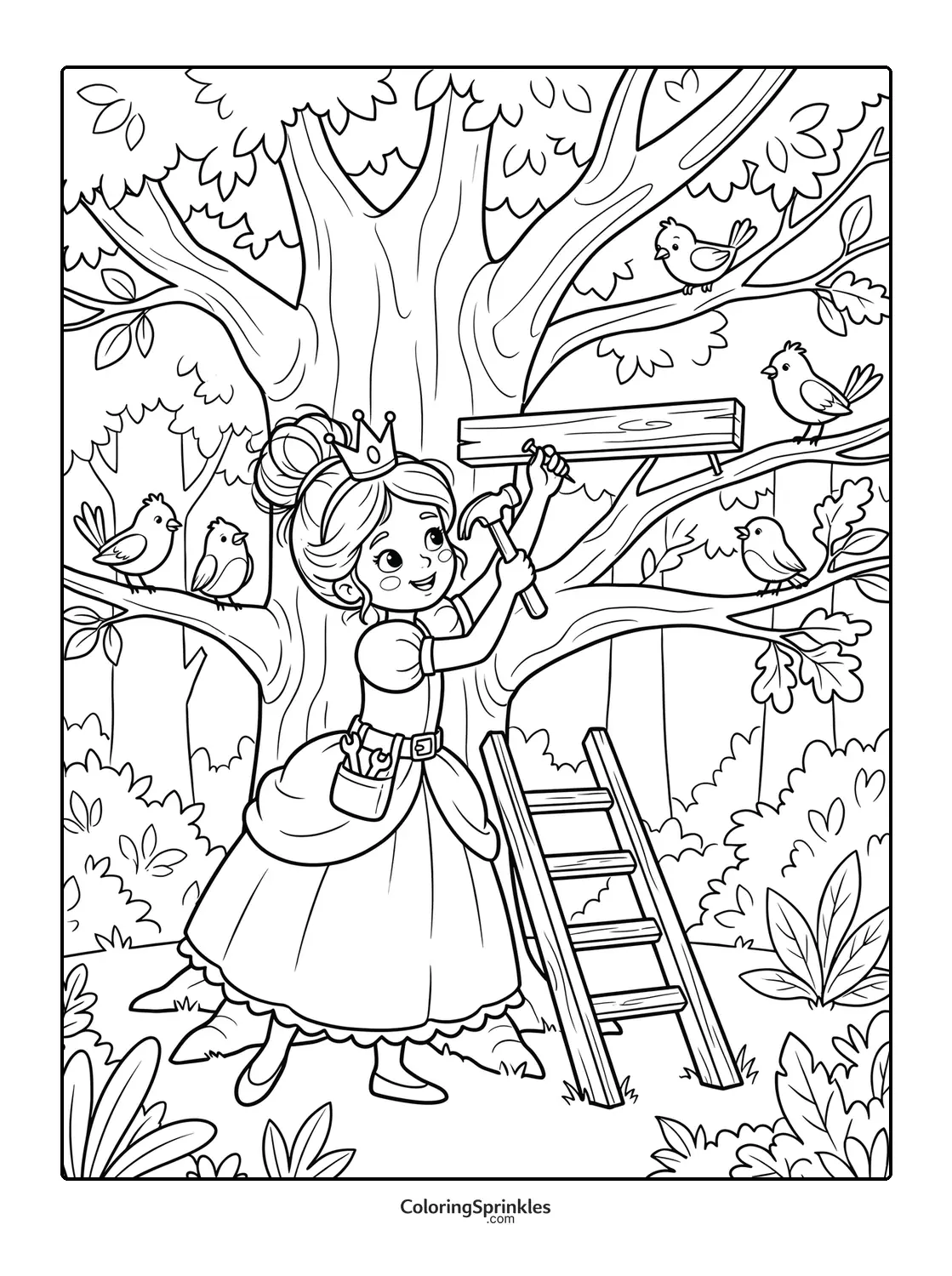 Coloring page of a princess building a birdhouse in a forest