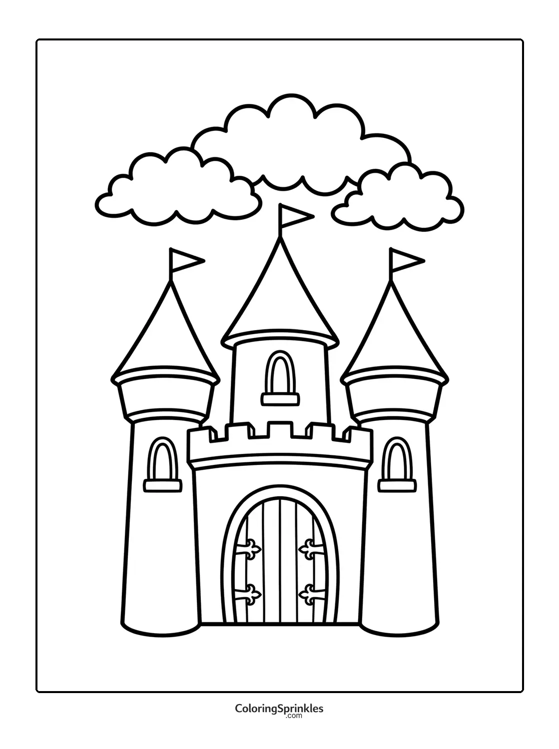 Coloring page of a princess castle with towers, flags, and clouds