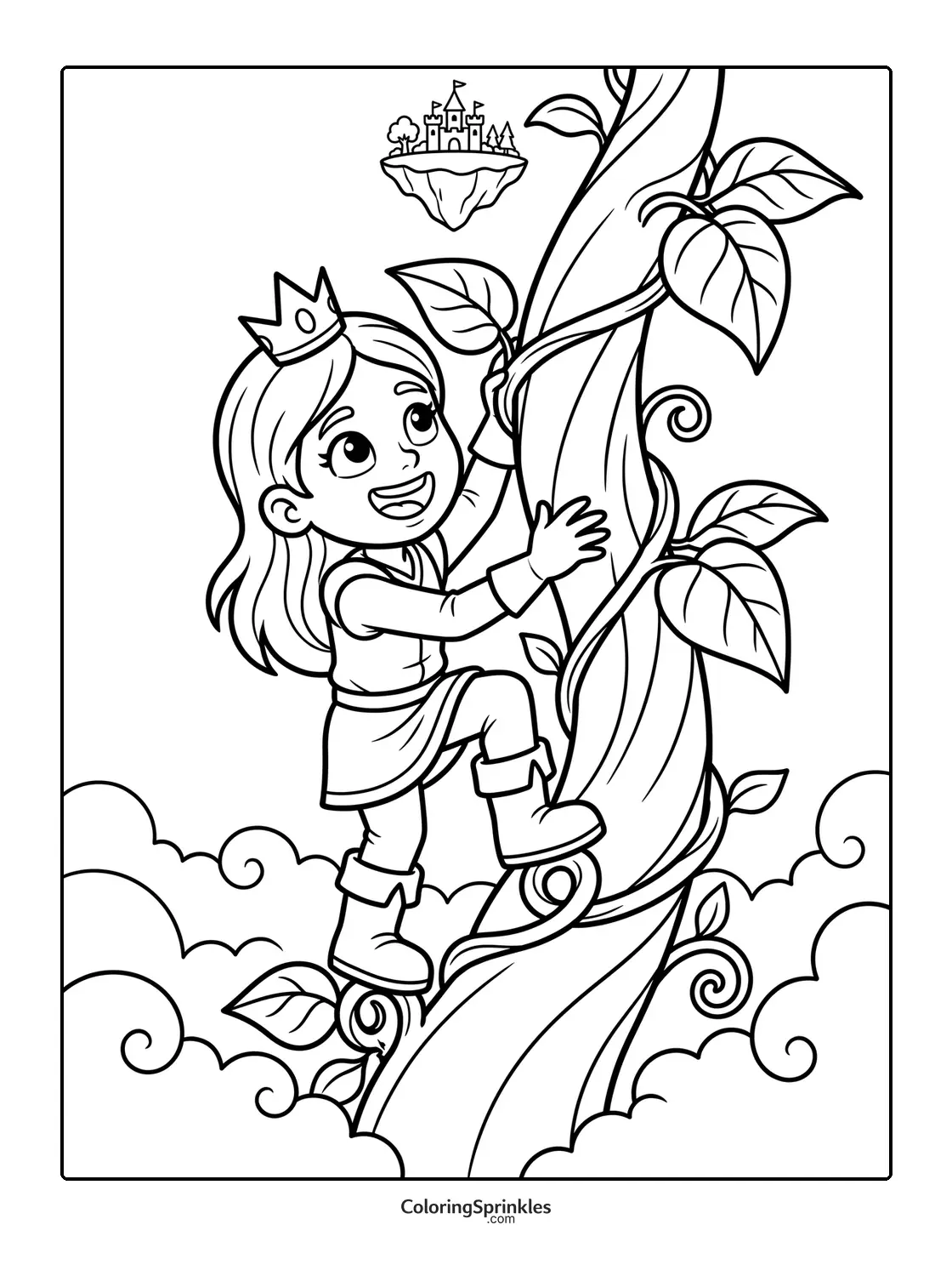 Coloring page of a princess climbing a giant beanstalk with a floating castle above clouds
