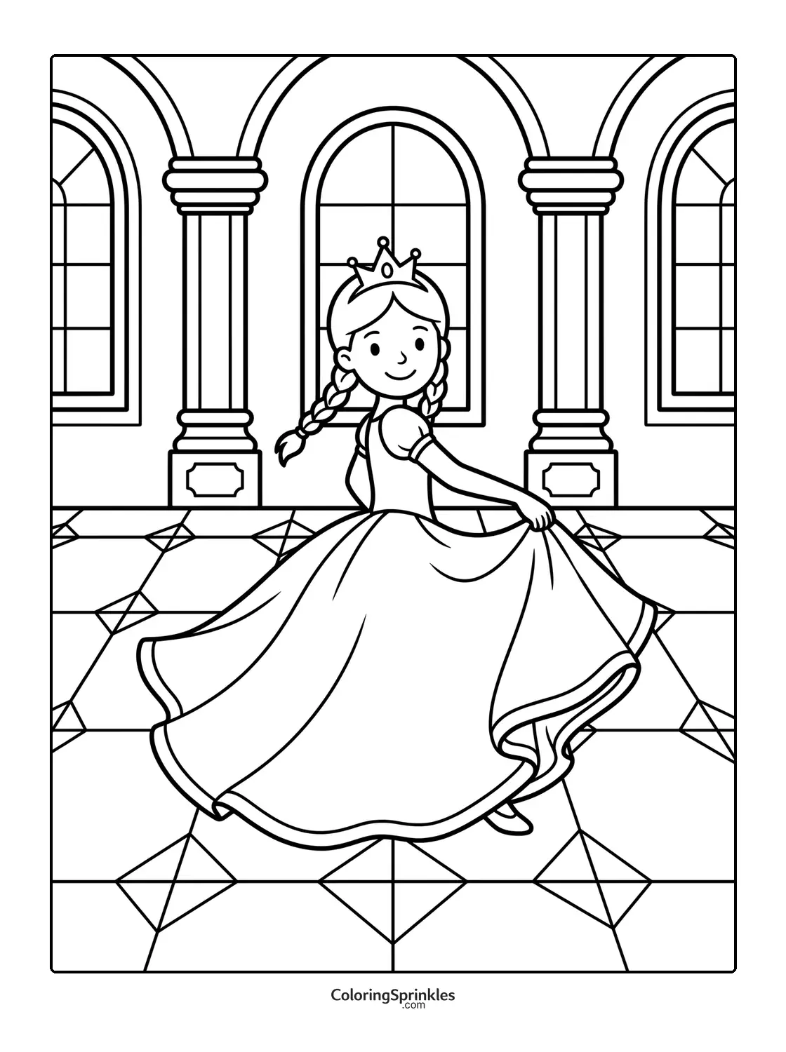 Coloring page of a princess dancing in a castle hall