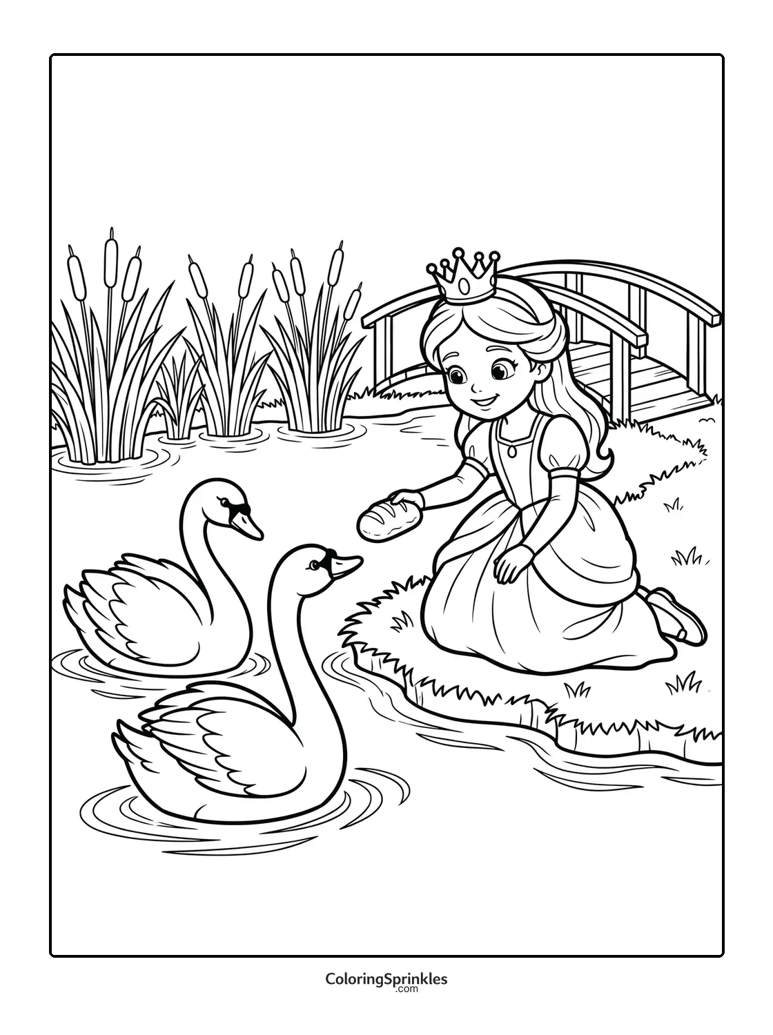 Coloring page of a princess feeding swans by a pond with a bridge