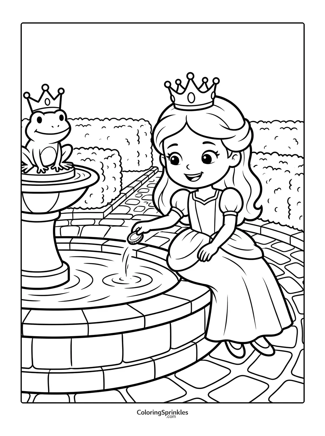 Coloring page of a princess dropping a coin in a fountain with a frog wearing a crown
