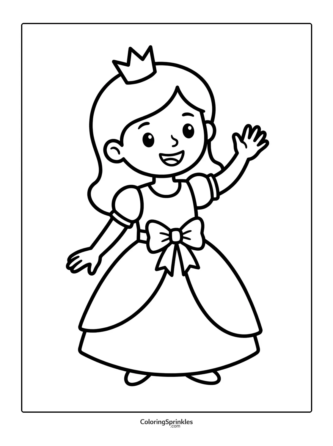 Coloring page of a princess girl wearing a crown and dress with a bow waving