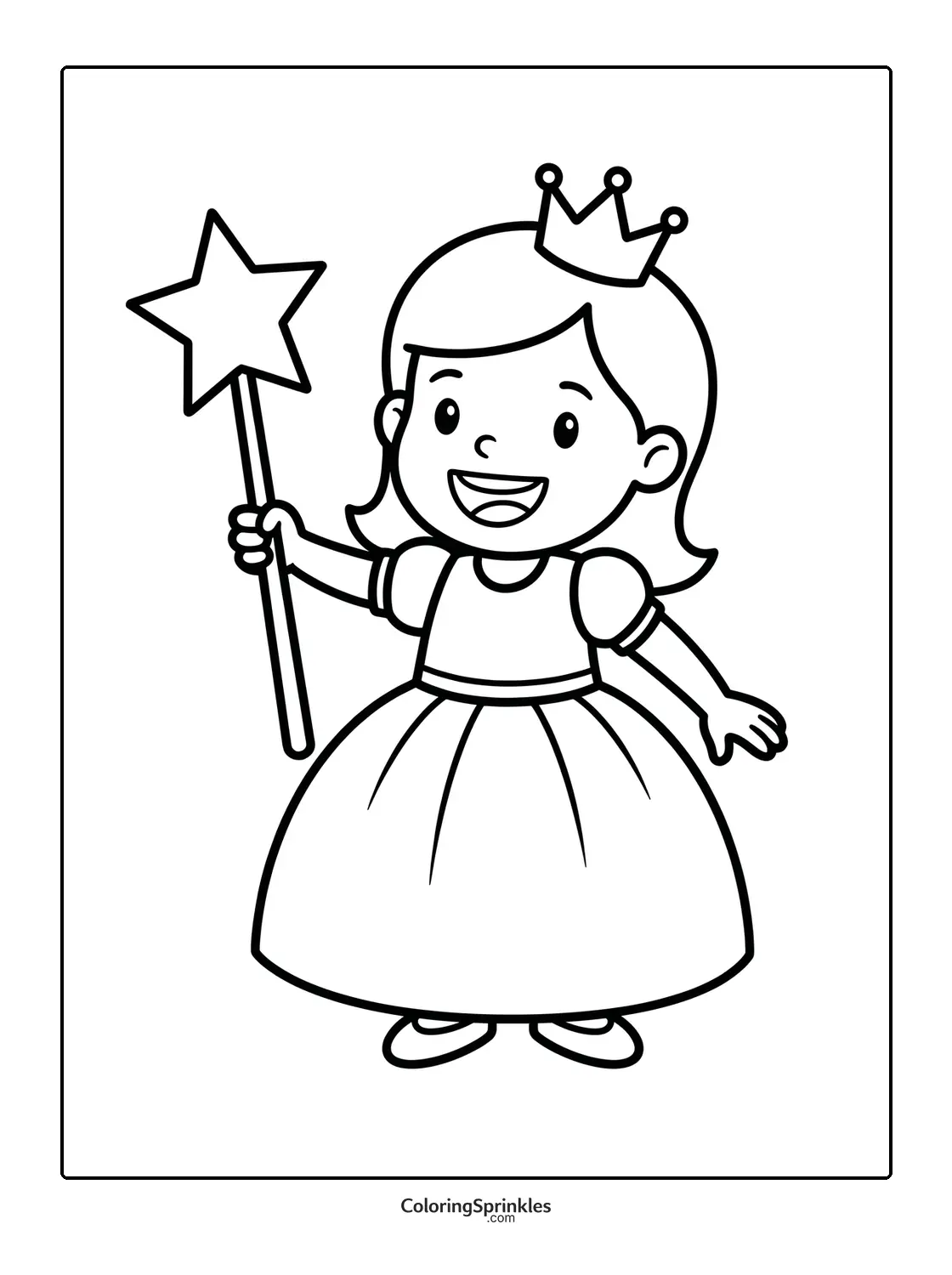 Coloring page of a princess girl wearing a crown and holding a star wand