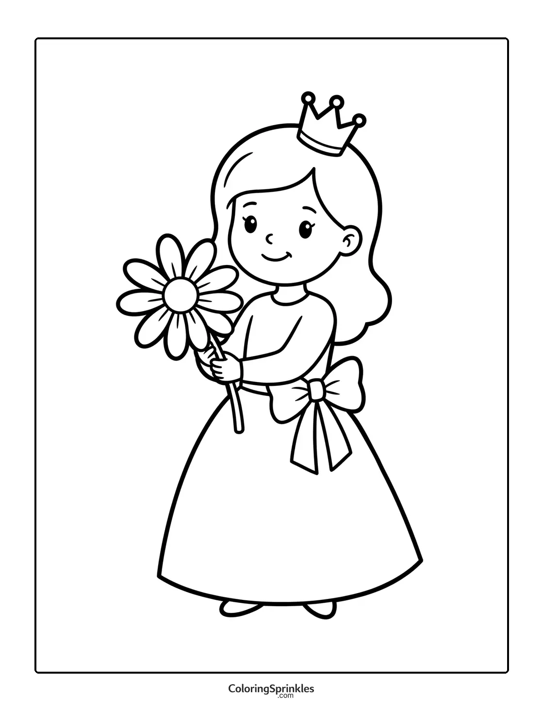 Coloring page of a princess girl holding a flower wearing a crown and bow dress