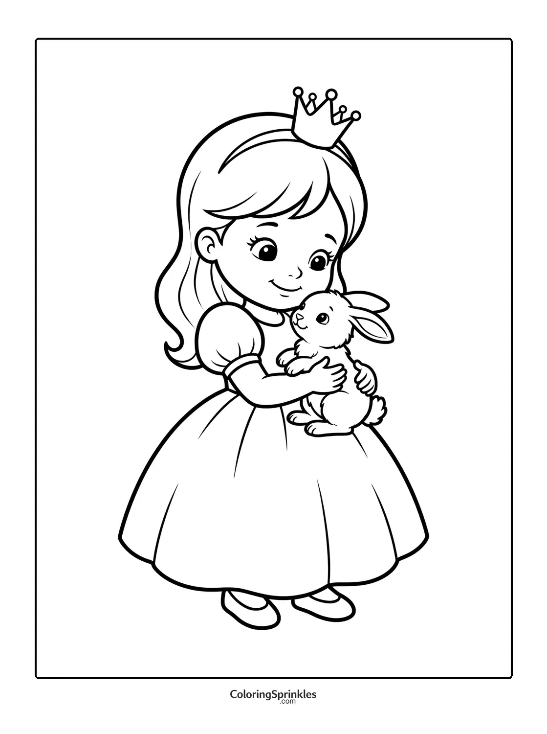 Coloring page of a princess girl holding a rabbit