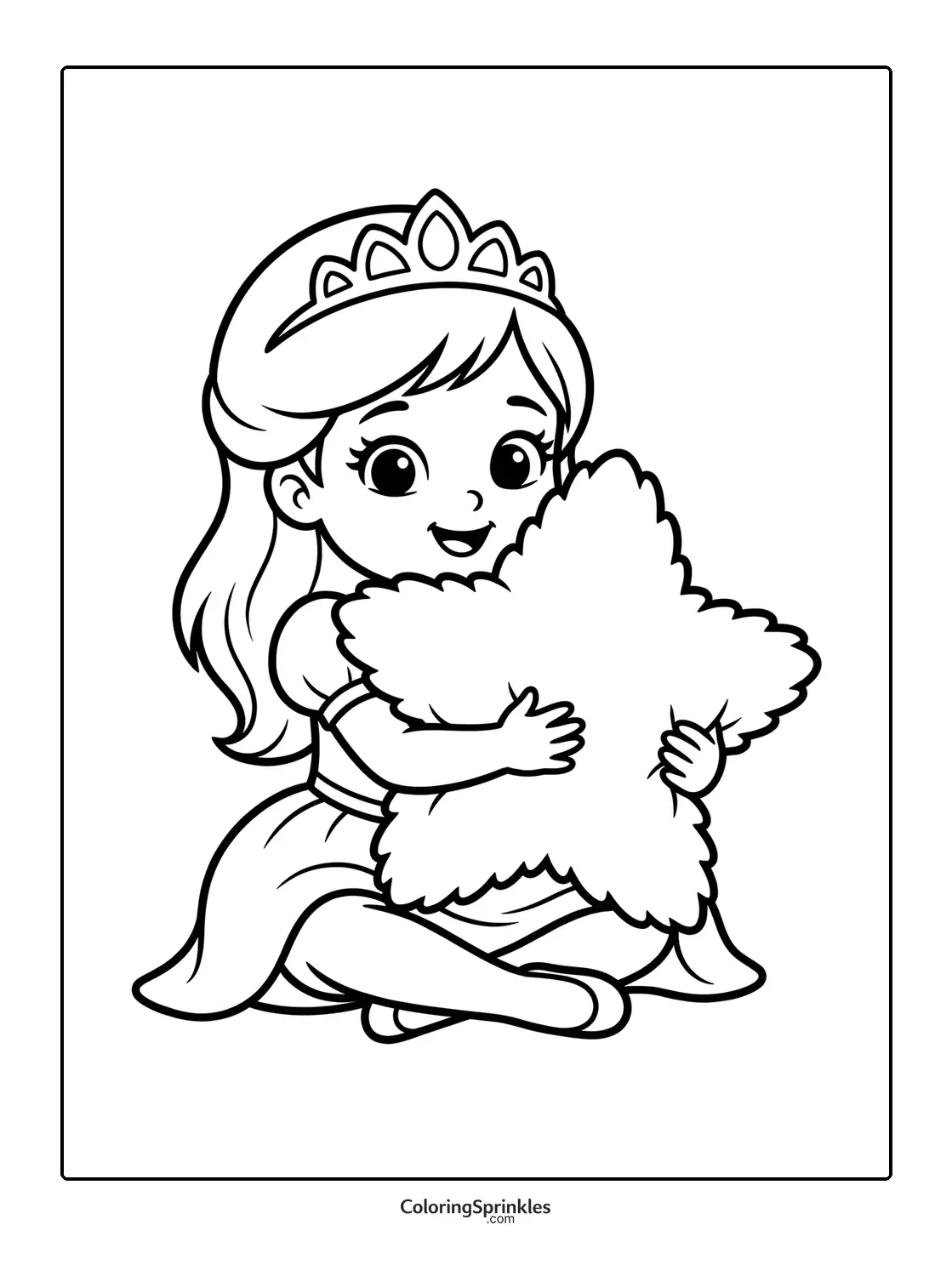 Coloring page of a princess girl sitting and hugging a star-shaped pillow