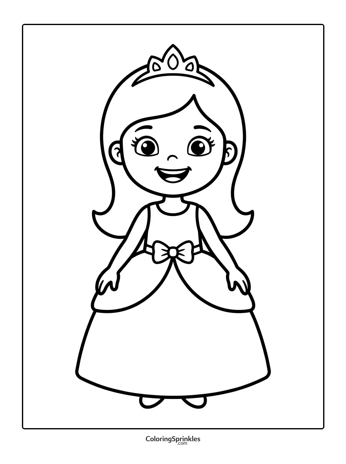 Coloring page of a smiling princess girl wearing a dress and tiara