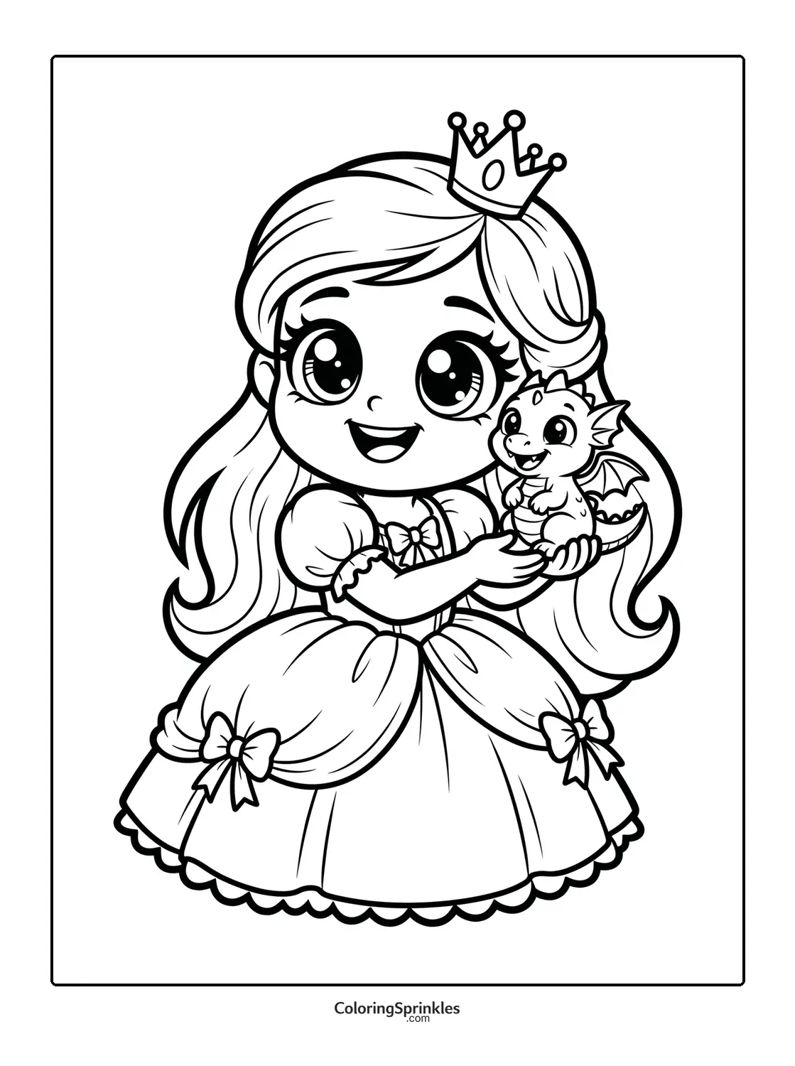 Coloring page of a princess holding a baby dragon
