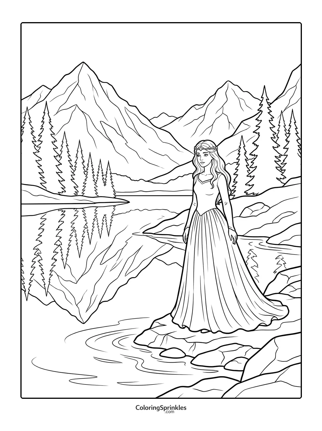 Coloring page of a princess standing by a lake with mountains and trees