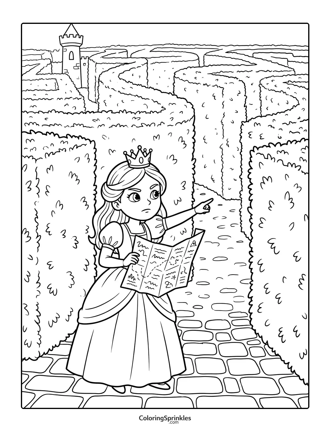 Coloring page of a princess holding a map in a maze