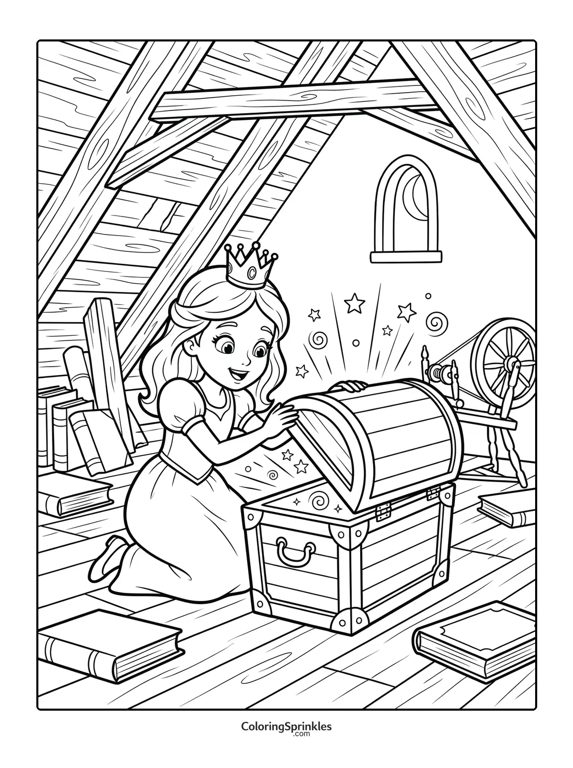 Coloring page of a princess opening a magic chest in an attic