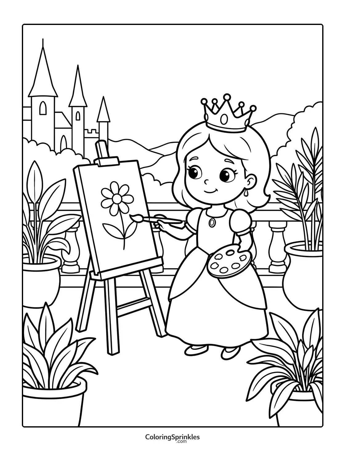 Coloring page of a princess painting a flower on an easel in a garden with a castle in the background