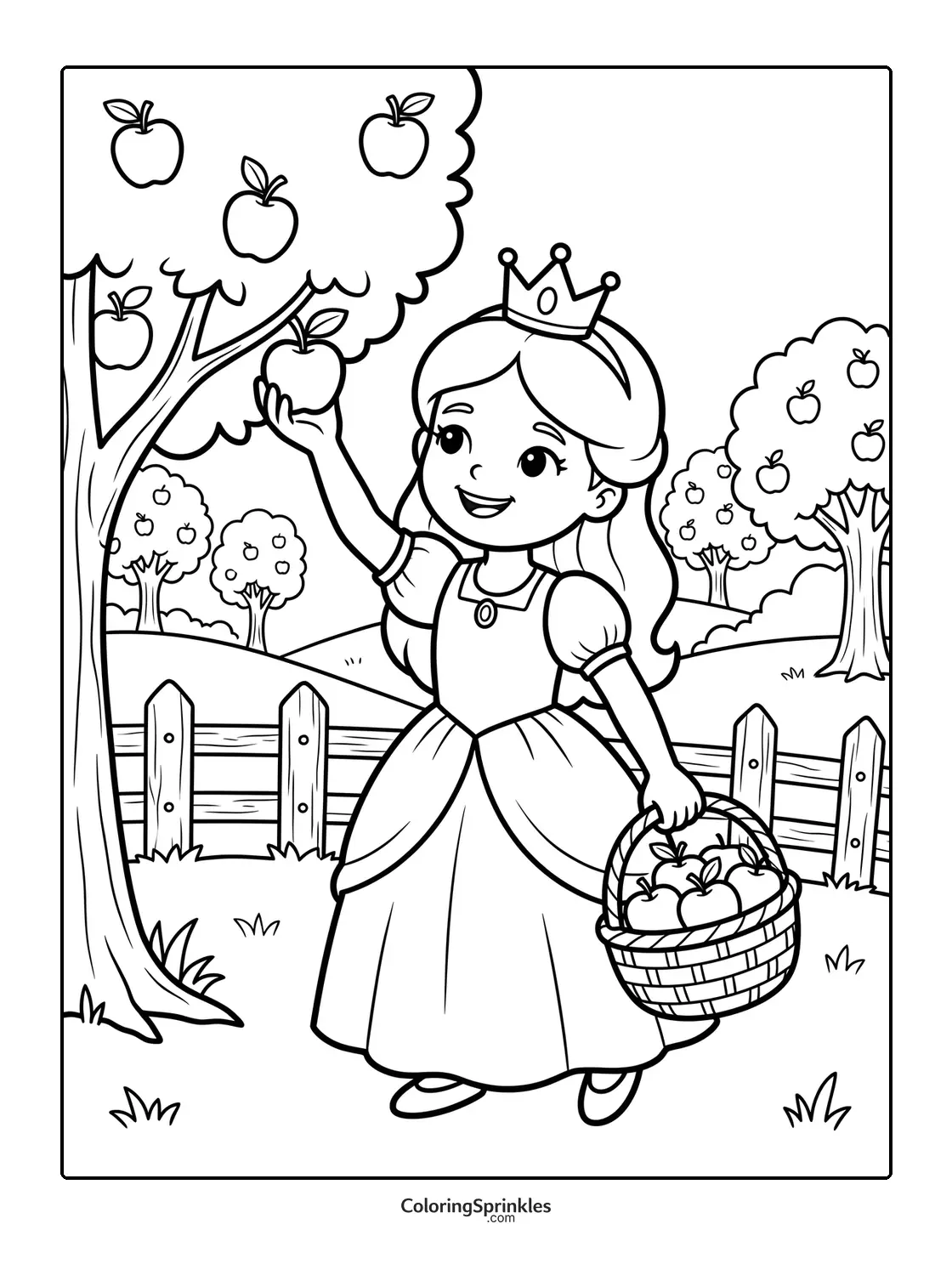 Coloring page of a princess picking apples in an orchard with a basket