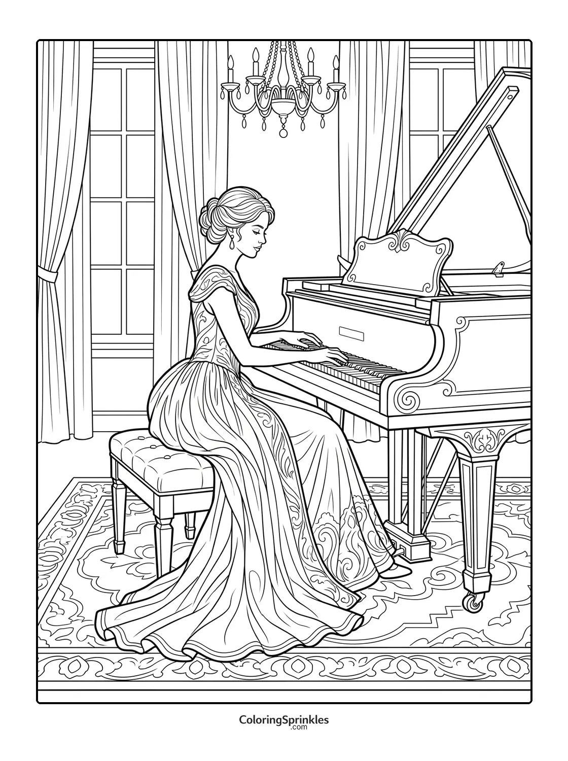 Coloring page of a princess playing piano in an elegant room