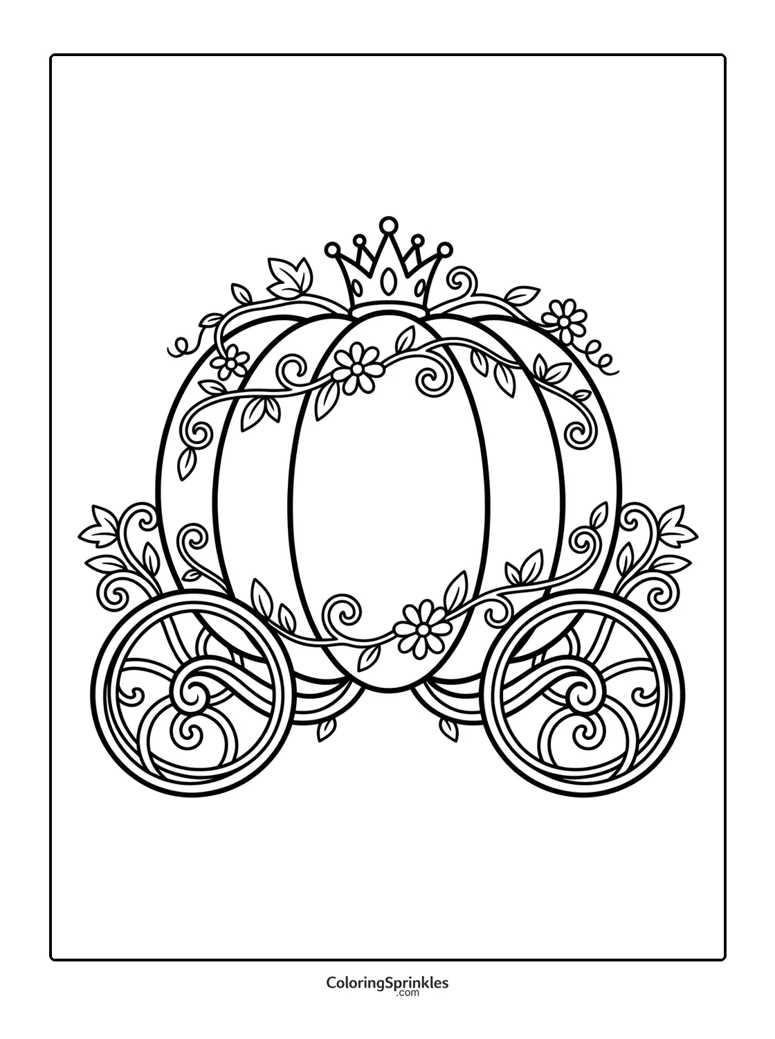 Coloring page of a princess pumpkin carriage with a crown and flowers