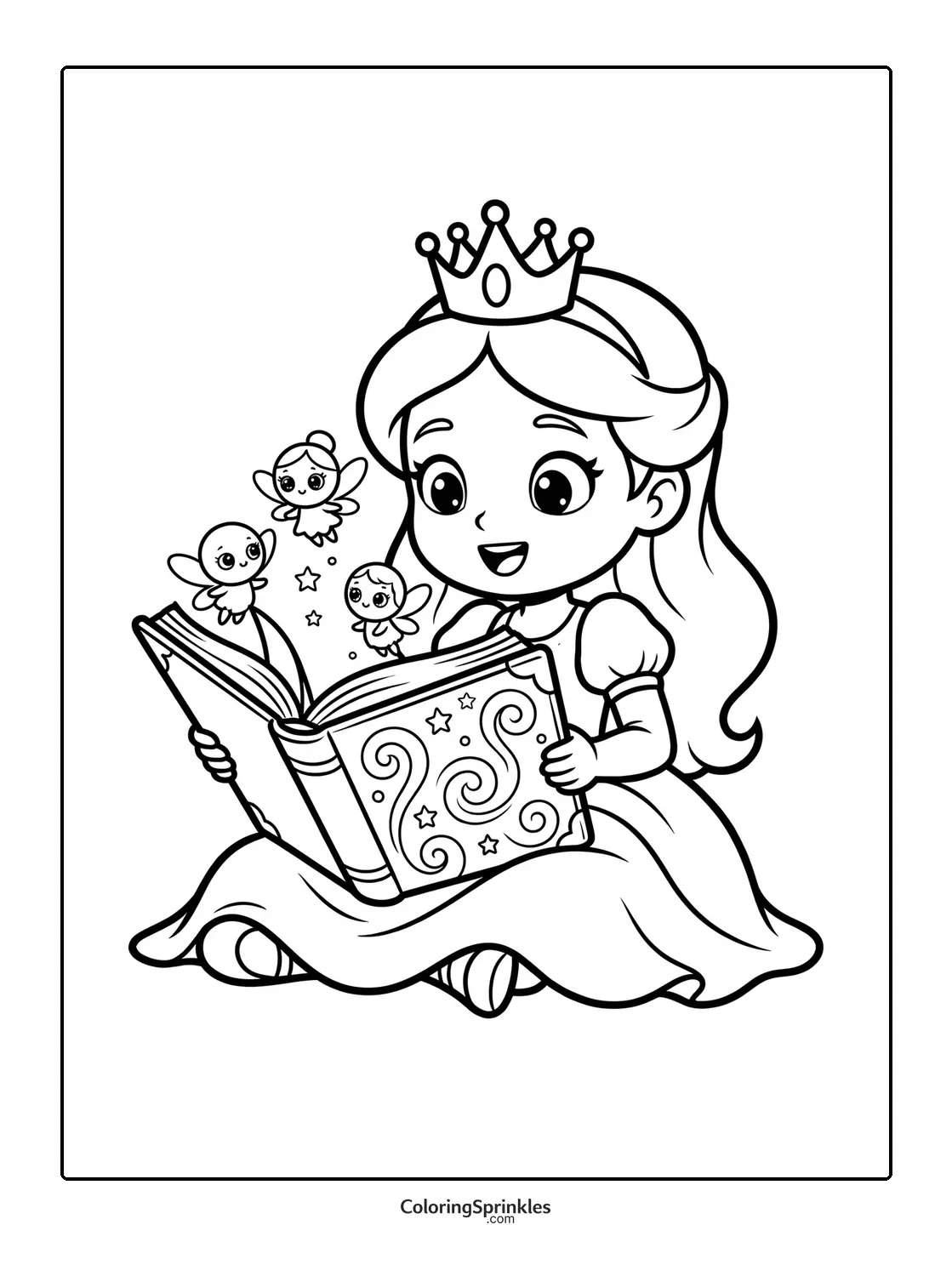 Coloring page of a princess reading a magical book with fairies