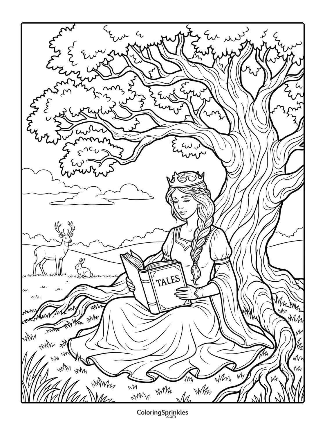 Coloring page of a princess reading a book under a tree with deer and rabbit nearby