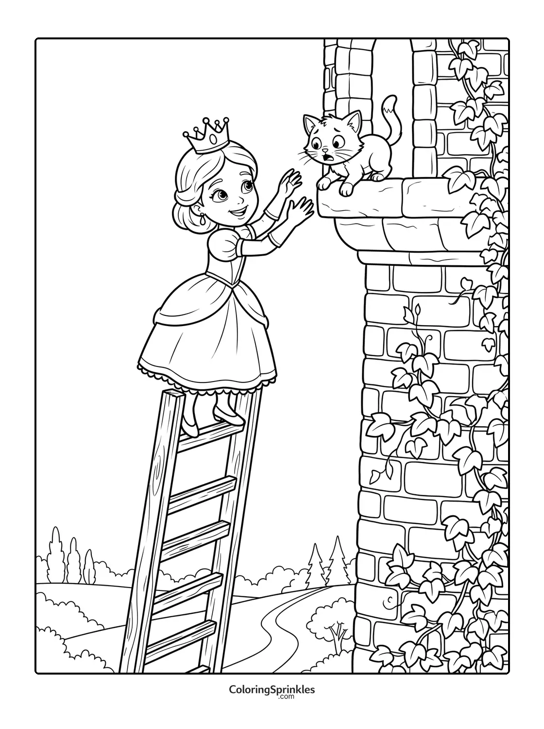 Coloring page of a princess rescuing a cat from a castle window using a ladder