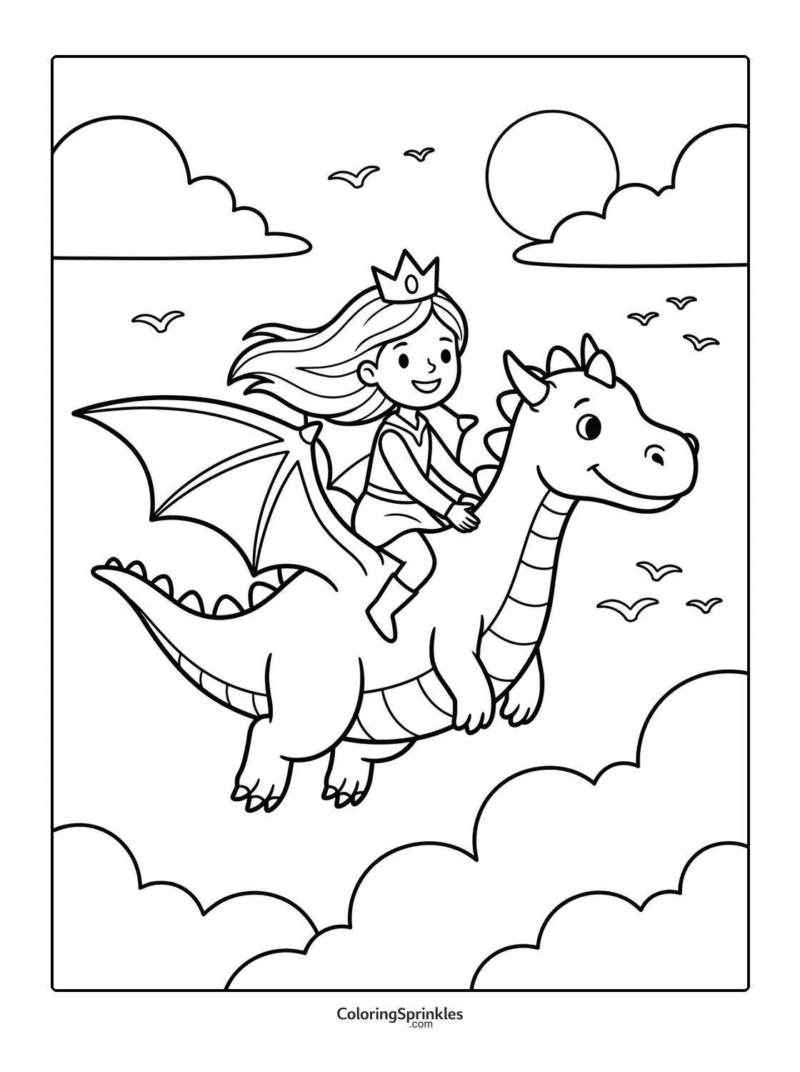 Coloring page of a princess riding a dragon flying among clouds